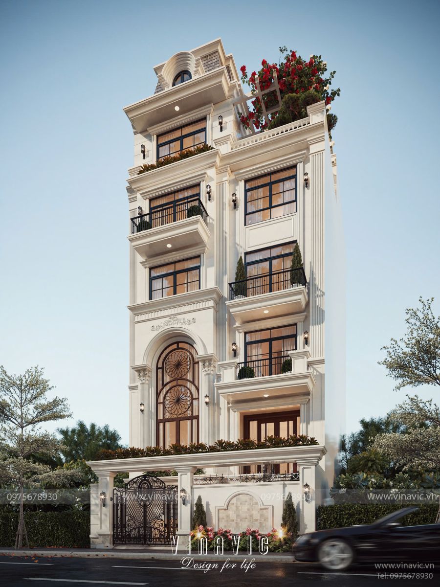 Bố trí mặt bằng công năng nhà phố đẹp 6 tầng phong cách tân cổ điển 9x15m NP2360
