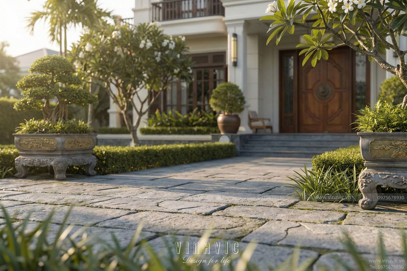 Chi tiết sảnh chính và hiên trà thư giãn đậm chất Indochine của mẫu biệt thự BT2455 do Vinavic thiết kế.