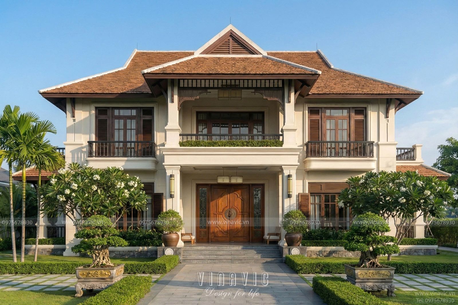 Phối cảnh mặt tiền mẫu nhà vườn phong cách Indochine 20x20m BT2455 tại Vĩnh Phúc với hệ mái ngói đỏ nổi bật.