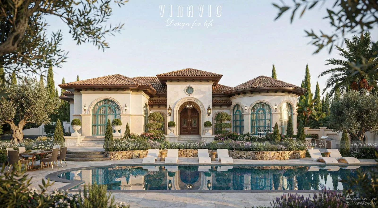 Phối cảnh mặt tiền Villa 1 tầng phong cách Địa Trung Hải BT2456 có bể bơi đẹp tại Quảng Ninh