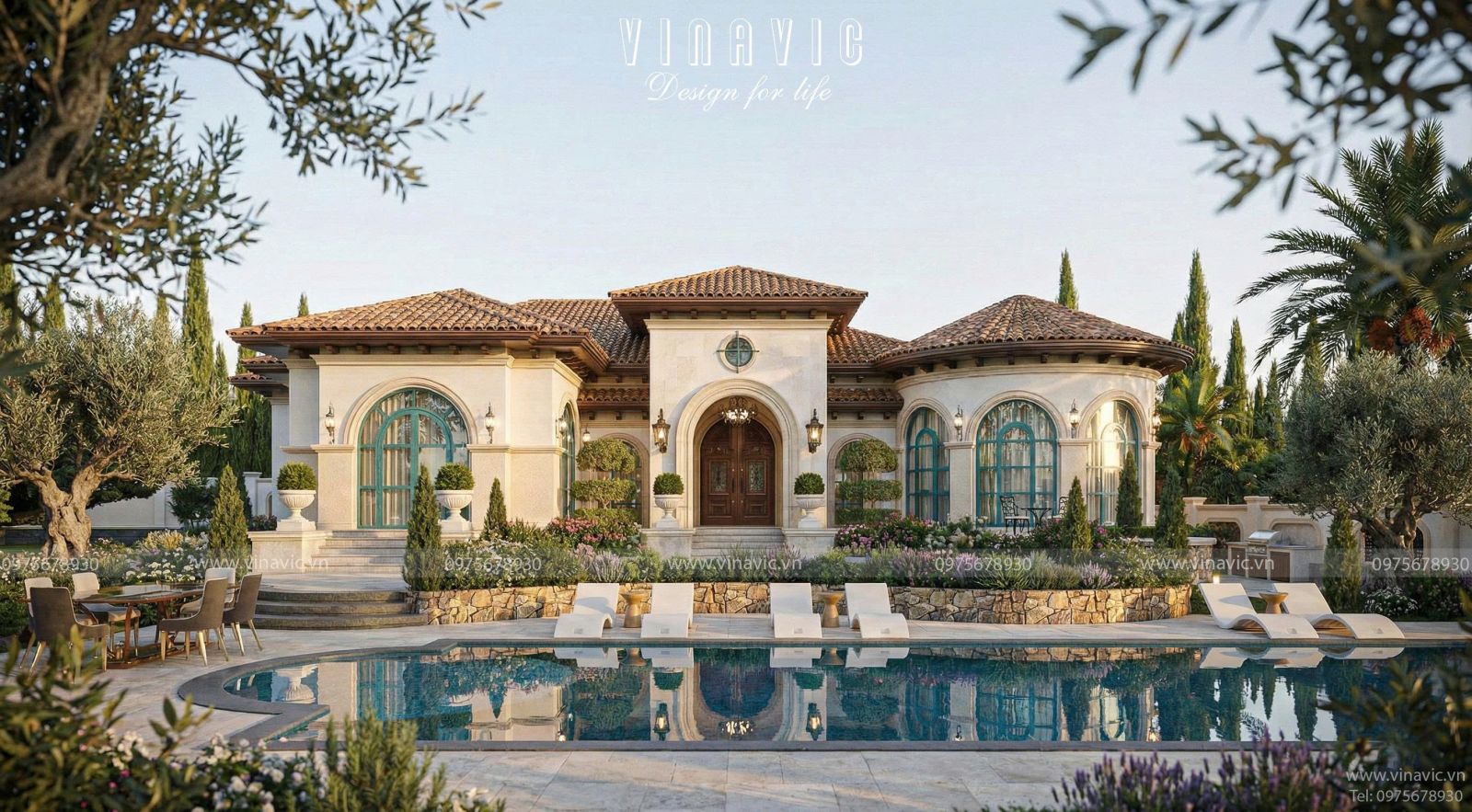 Phối cảnh mặt tiền Villa 1 tầng phong cách Địa Trung Hải BT2456 có bể bơi đẹp tại Quảng Ninh