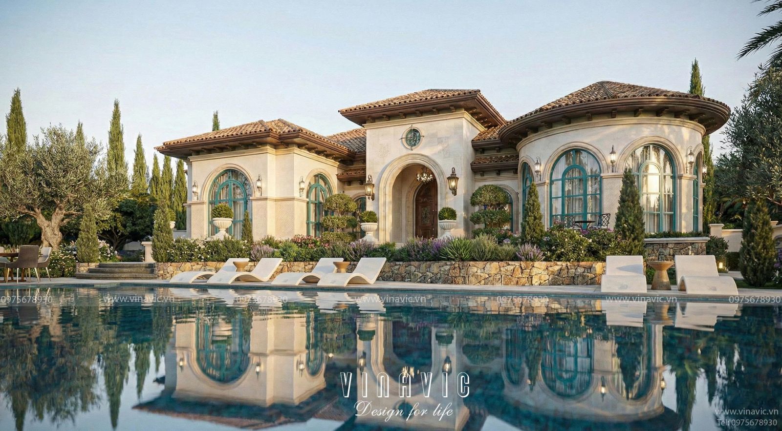 Mẫu biệt thự vườn 1 tầng mái ngói đỏ phong cách Địa Trung Hải kích thước 22m x 14m