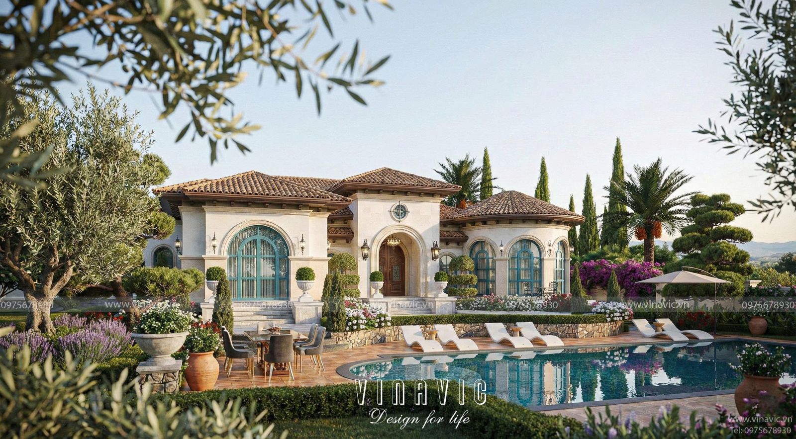 Tổng thể quy hoạch sân vườn và kiến trúc mẫu nhà vườn 1 tầng Địa Trung Hải BT2456 