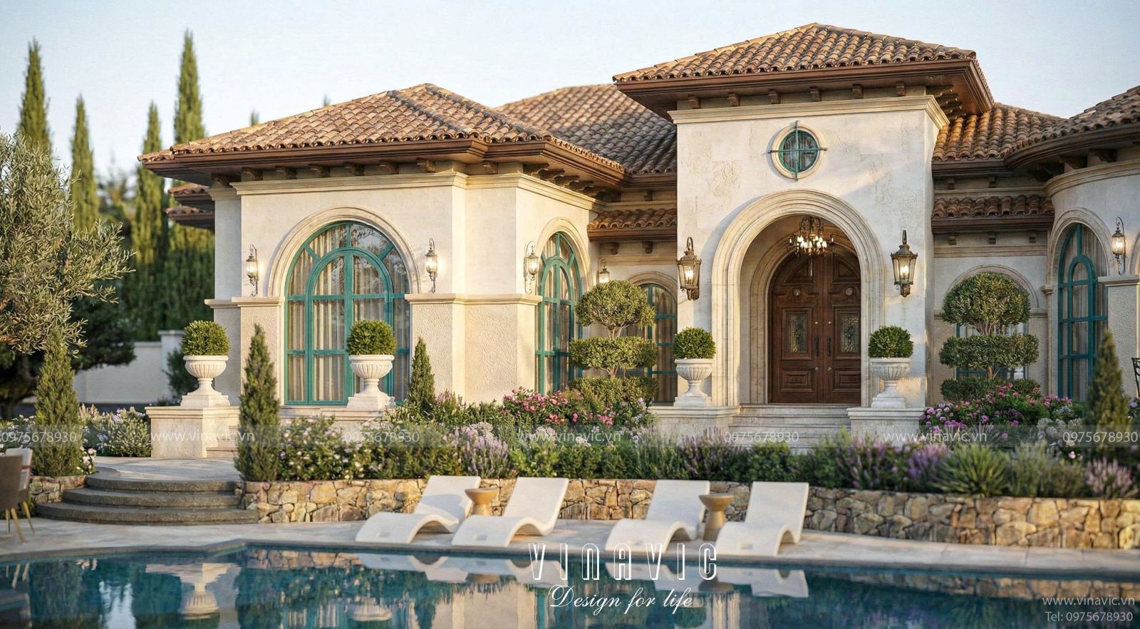 Thiết kế bể bơi vô cực trước mặt tiền biệt thự nghỉ dưỡng 1 tầng phong cách Địa Trung Hải