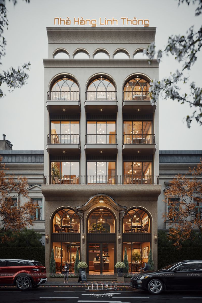 Mặt tiền chính diện mẫu thiết kế nhà hàng kết hợp nhà ở 6 tầng kích thước 10x25m phong cách Neo-Classic - BT2457