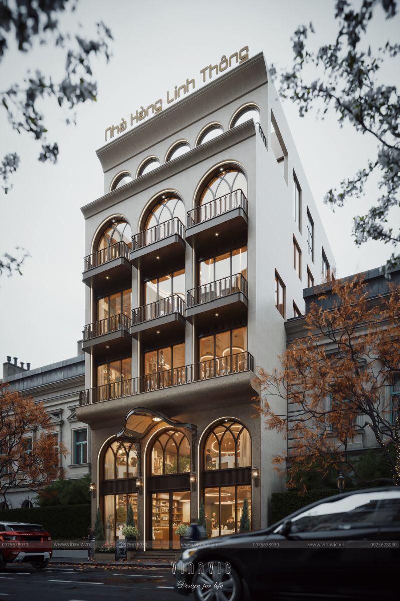 Phối cảnh góc nghiêng thiết kế nhà hàng 6 tầng Tân cổ điển mặt tiền 10m sang trọng tại Lào Cai - BT2457