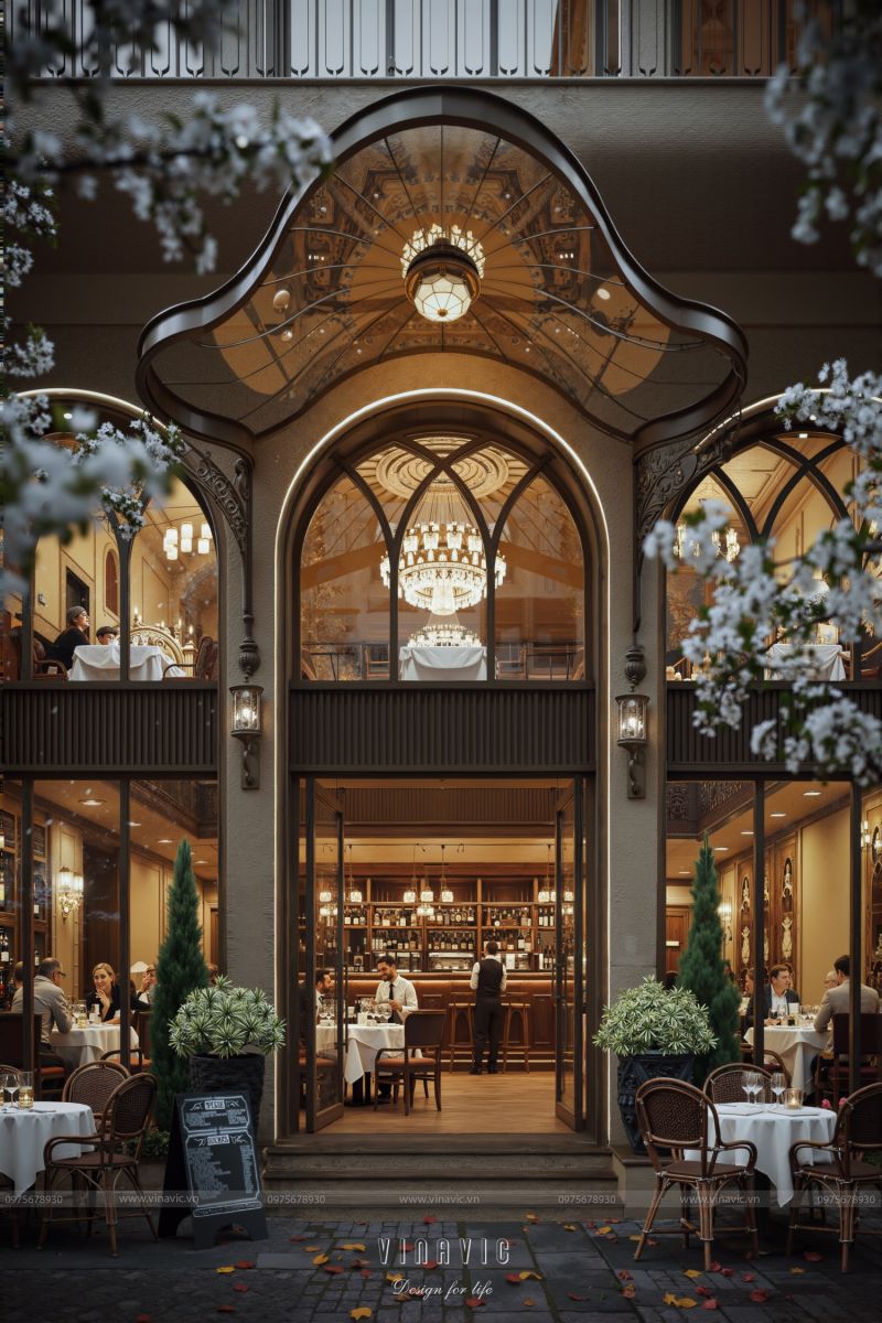 Cận cảnh sảnh đón và không gian nội thất sang trọng qua vòm kính lớn của thiết kế nhà hàng Linh Thông BT2457