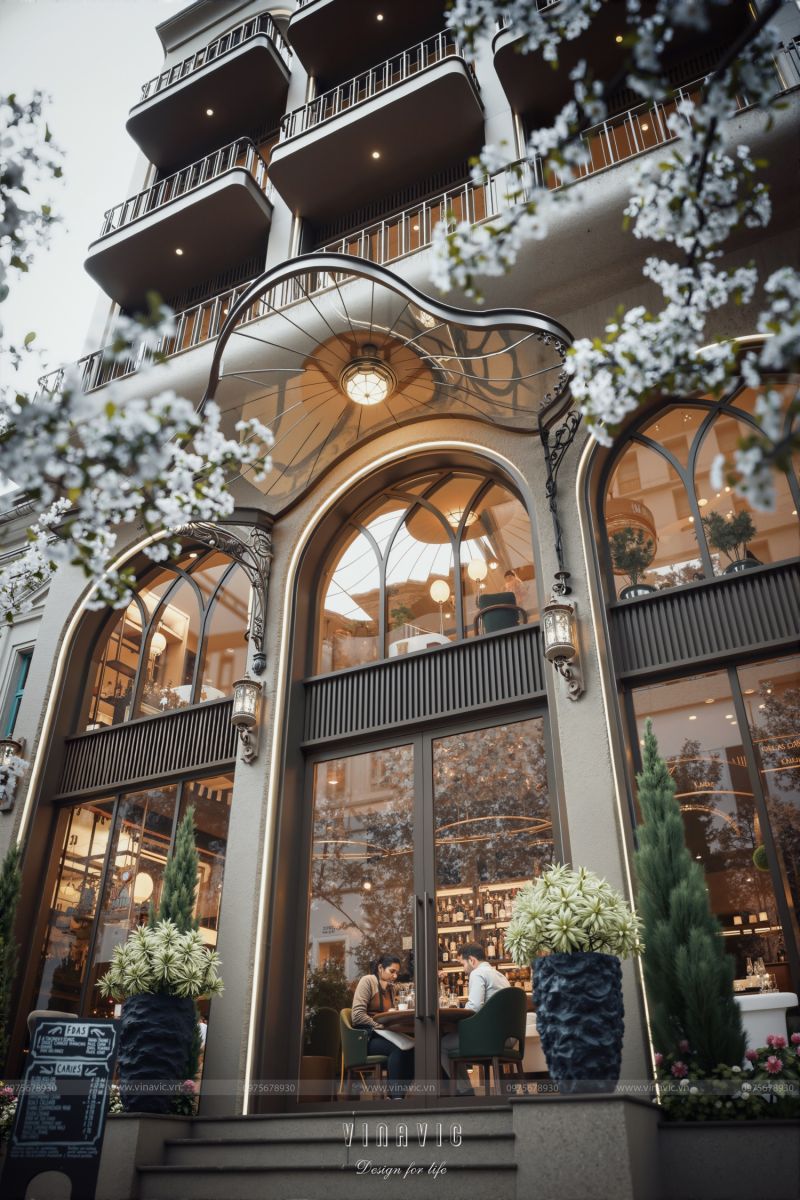 Chi tiết kiến trúc mái sảnh kính nghệ thuật và hệ cửa vòm đặc trưng của nhà hàng Tân cổ điển 6 tầng BT2457