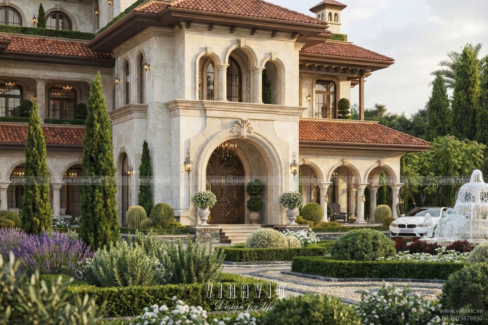 Hệ mái ngói đỏ nổi bật trên nền sơn trắng thanh lịch