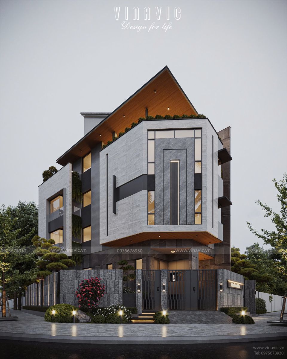 Phối cảnh 3D mặt trước mẫu nhà phố 1 trệt 2 lầu 1 hầm và áp mái 17x8m