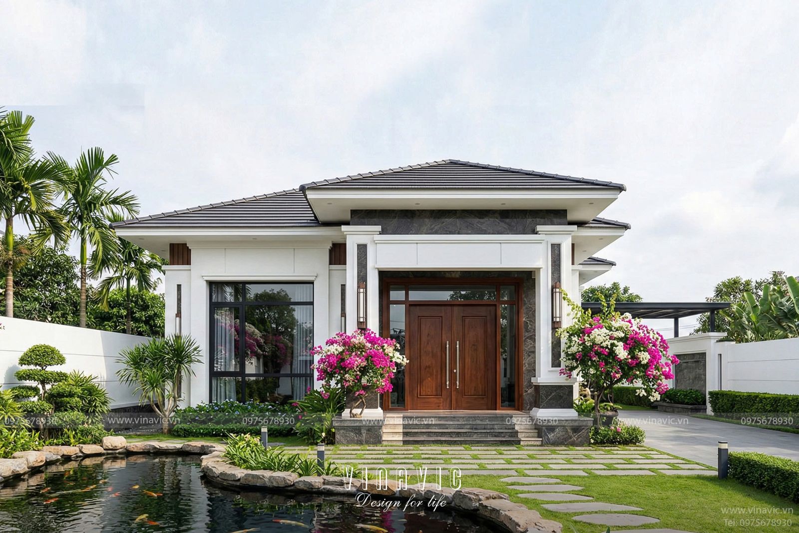 Biệt thự nhà vườn 1 tầng hiện đại phong cách tối giản tông trắng xám tinh tế