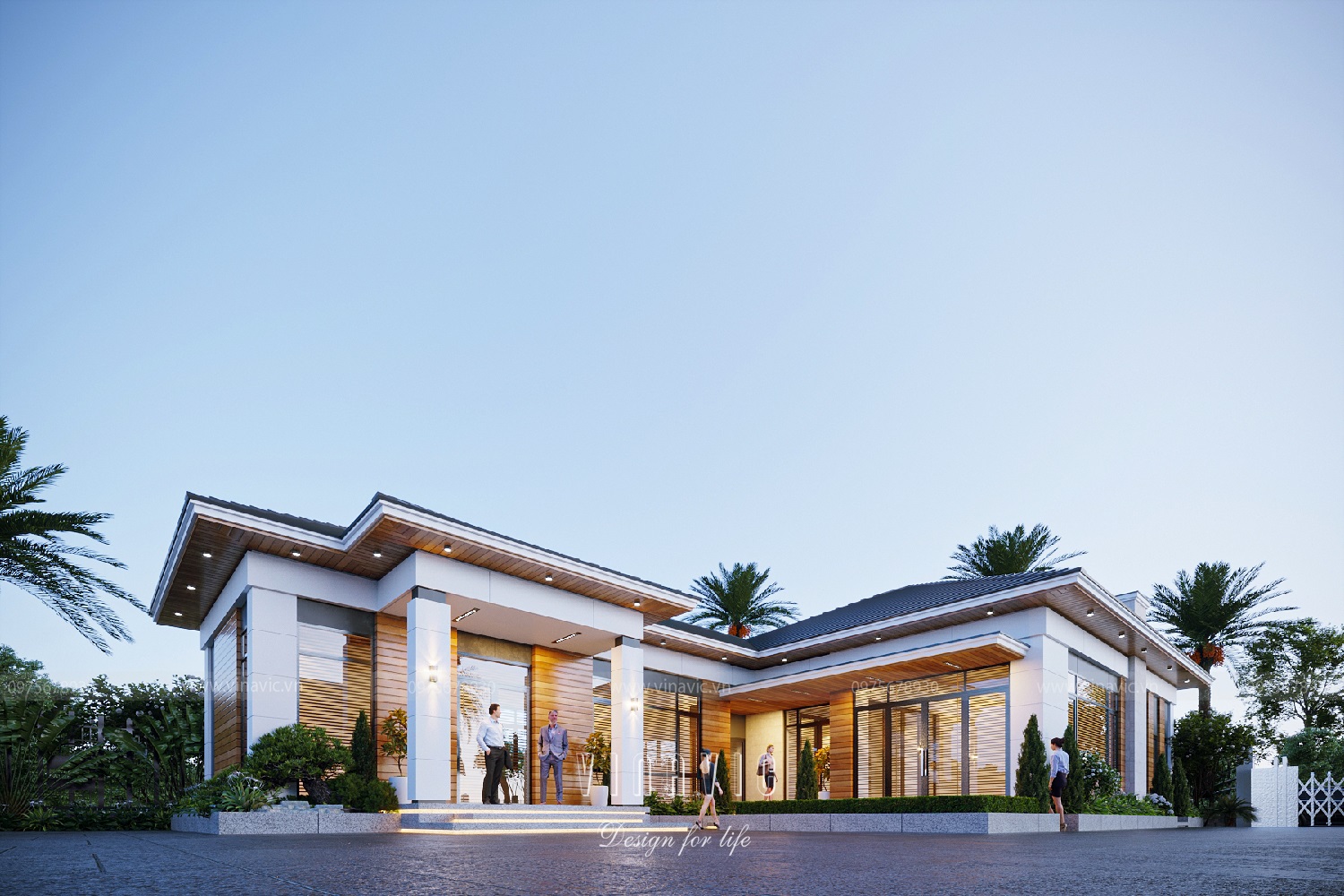 Biệt thự nhà vườn 1 tầng hiện đại chữ L sân lát đá rộng thoáng đãng