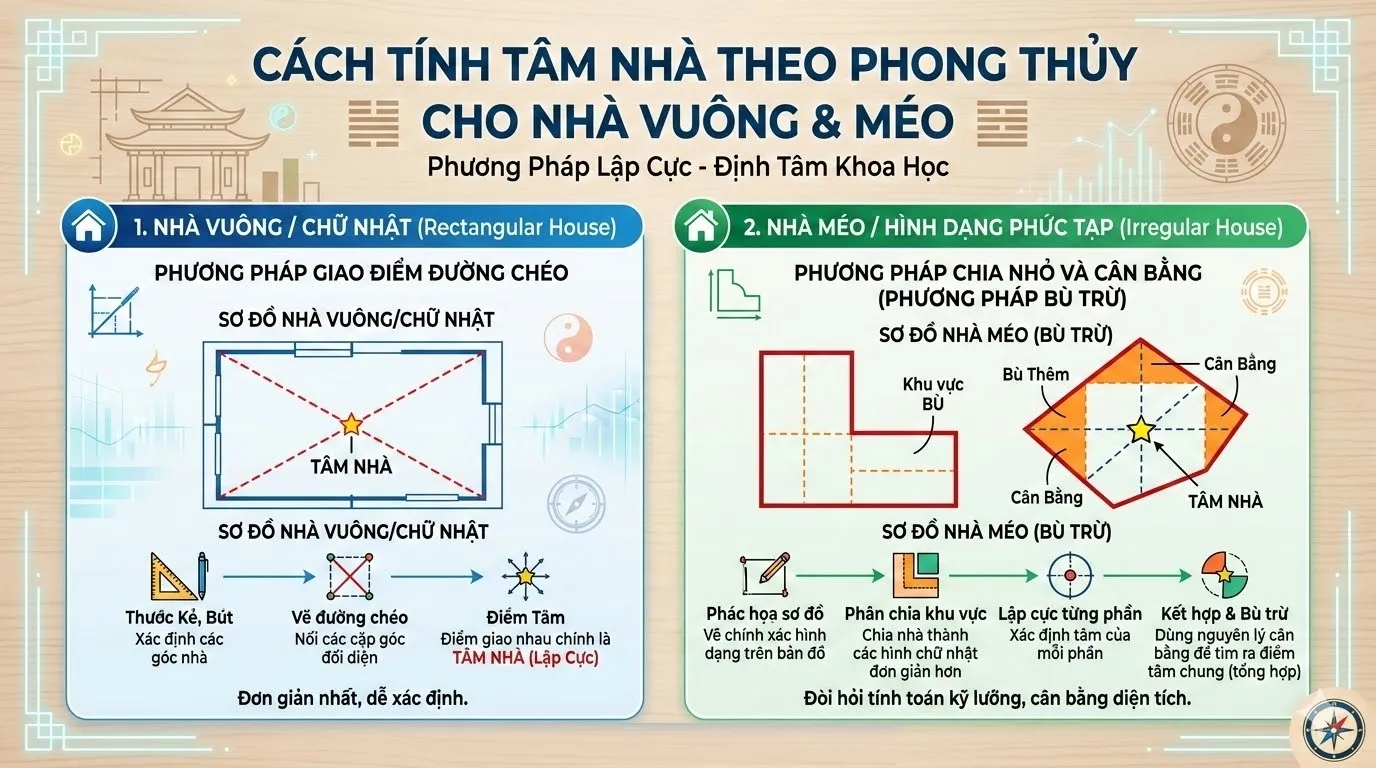 Cách tính tâm nhà theo phong thủy cho nhà vuông & méo