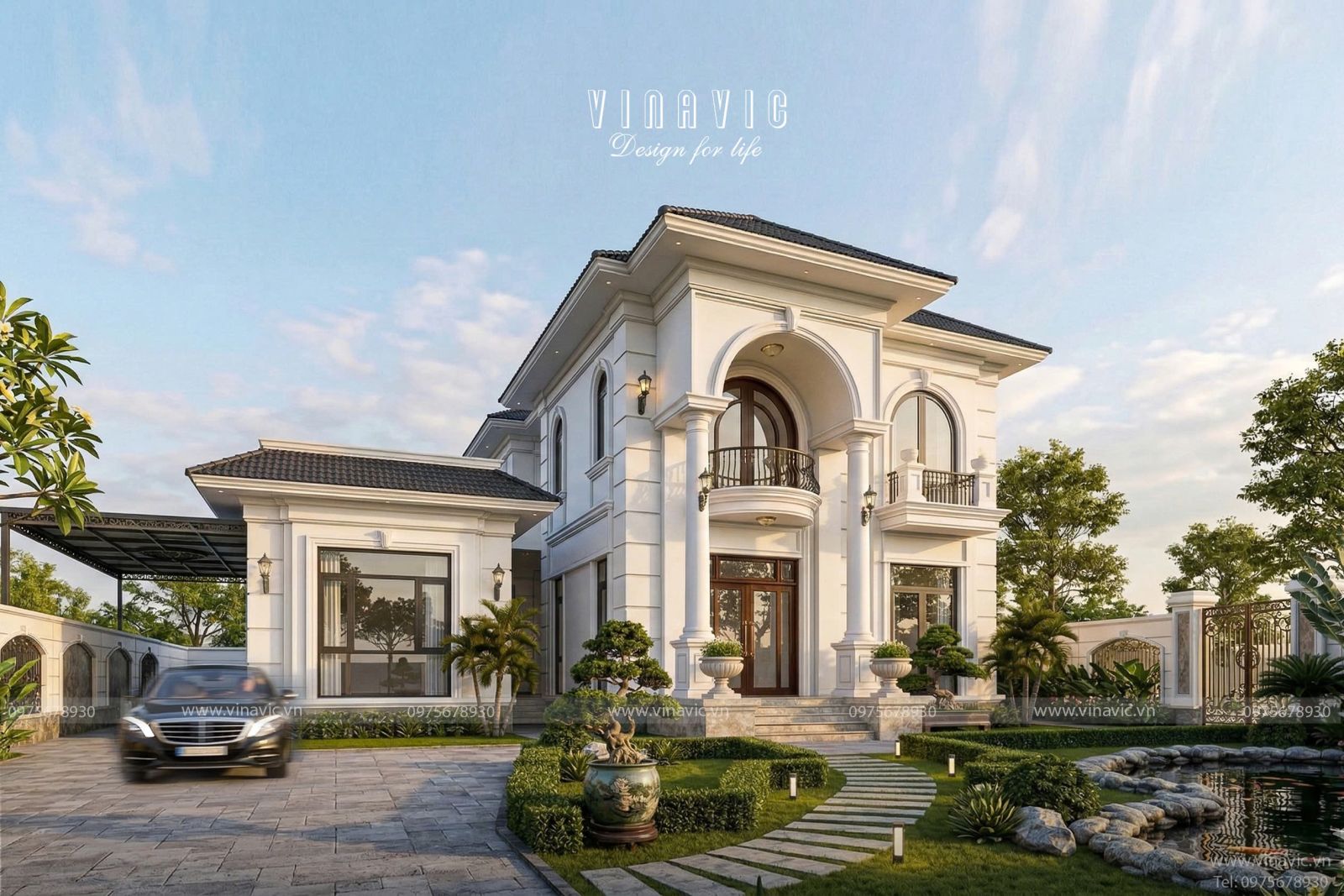 Phối cảnh mặt tiền góc trái mẫu biệt thự 2 tầng 4 phòng ngủ tân cổ điển mái Nhật BT2460 tích hợp khoảng sân rộng đỗ ô tô.