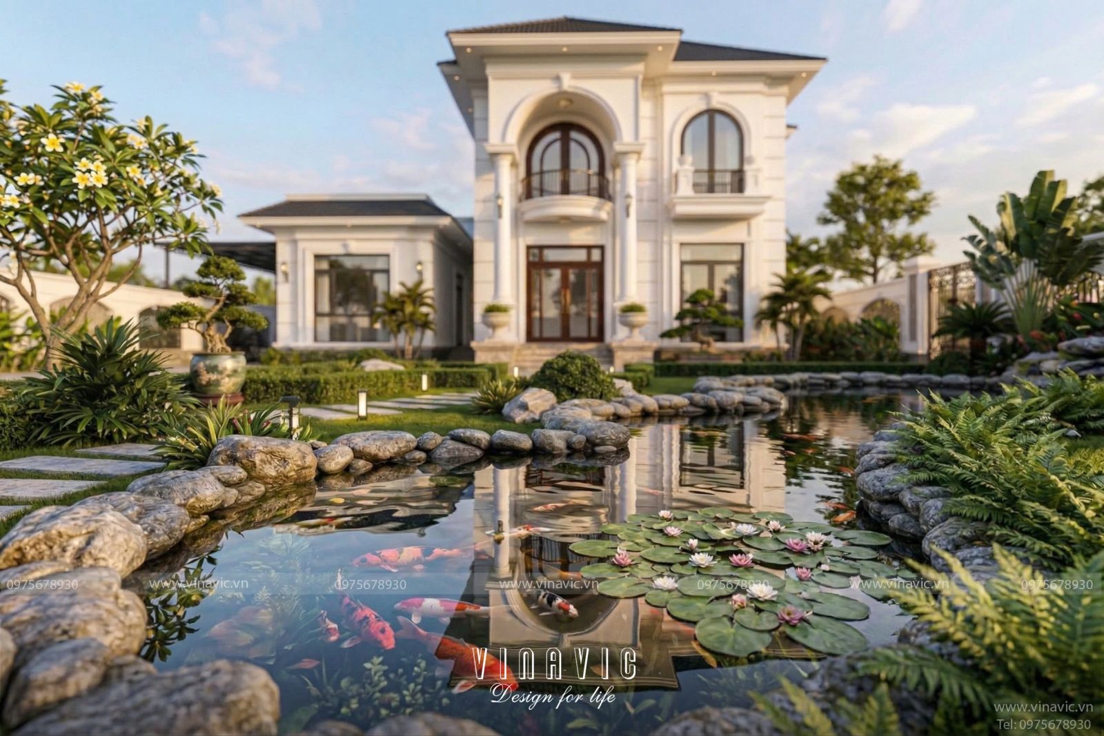 Hồ cá Koi tuyệt đẹp với hoa súng trước sân nhà phản chiếu hình ảnh mặt tiền biệt thự 2 tầng tân cổ điển mái Nhật BT2460.