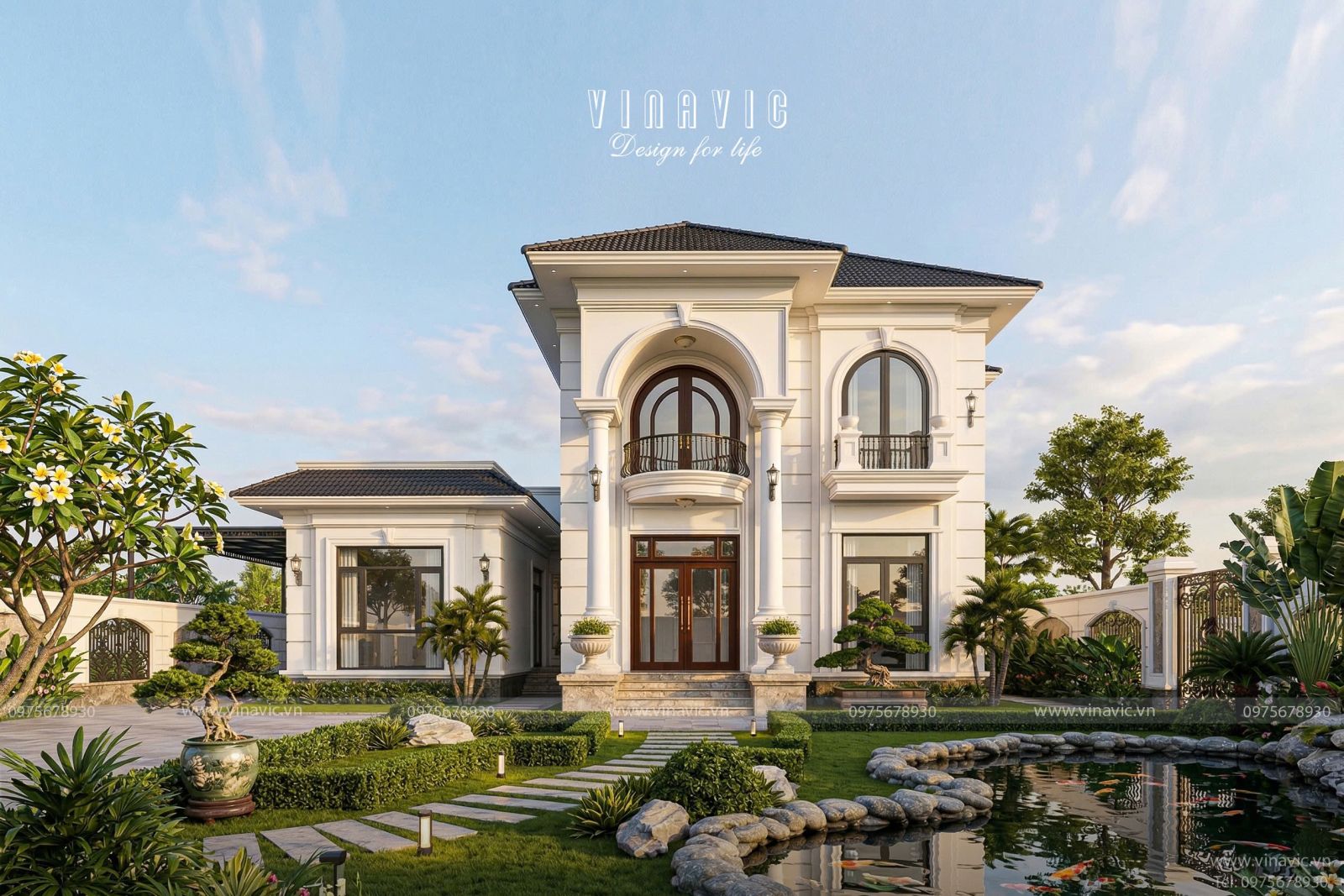 Cận cảnh vẻ đẹp bề thế uy nghi của mặt tiền sảnh chính mẫu thiết kế biệt thự 2 tầng phong cách tân cổ điển BT2460.