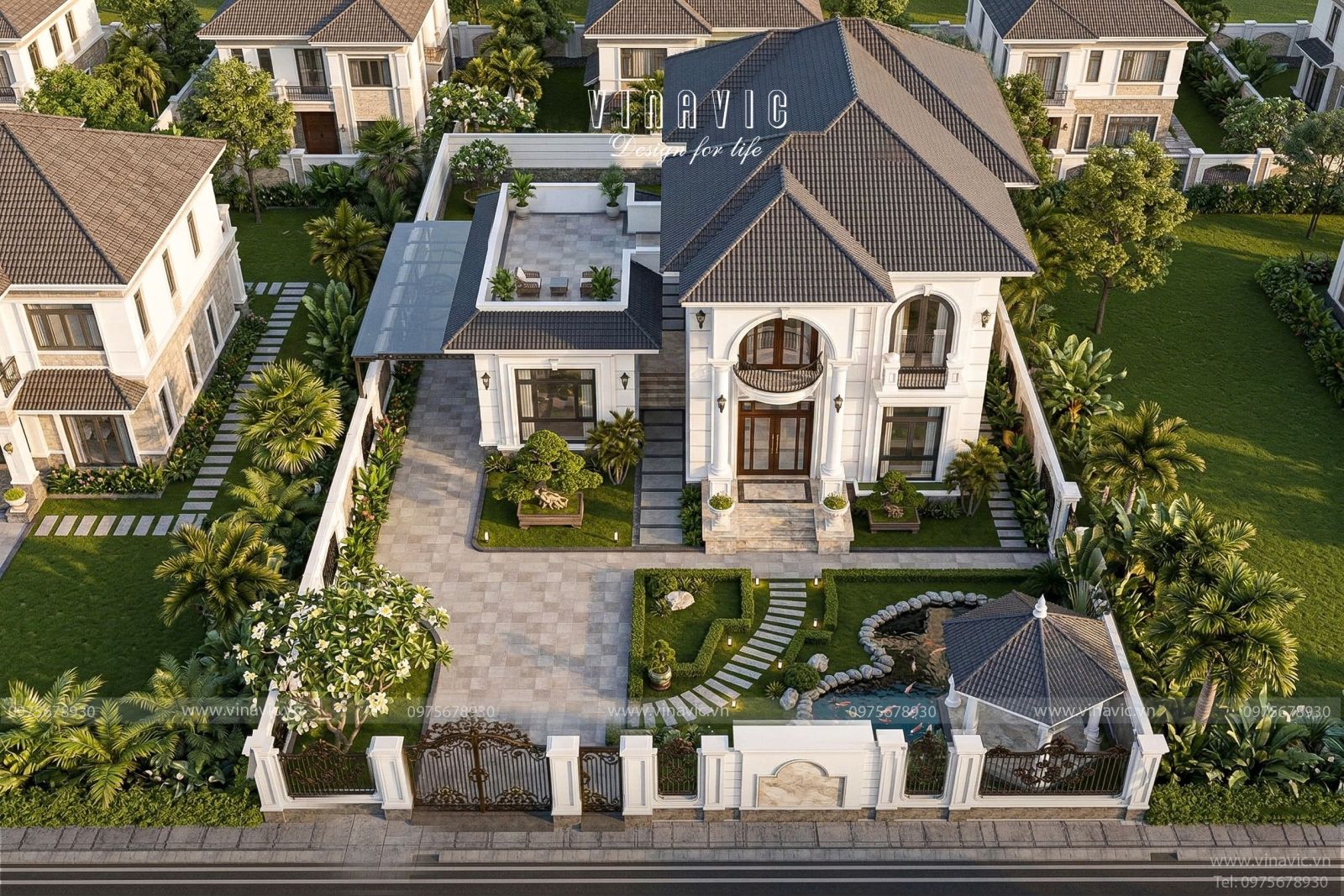 Phối cảnh tổng thể nhìn từ trên cao quy hoạch kiến trúc và cảnh quan sân vườn mẫu biệt thự 2 tầng mái Nhật BT2460 diện tích 700m2.