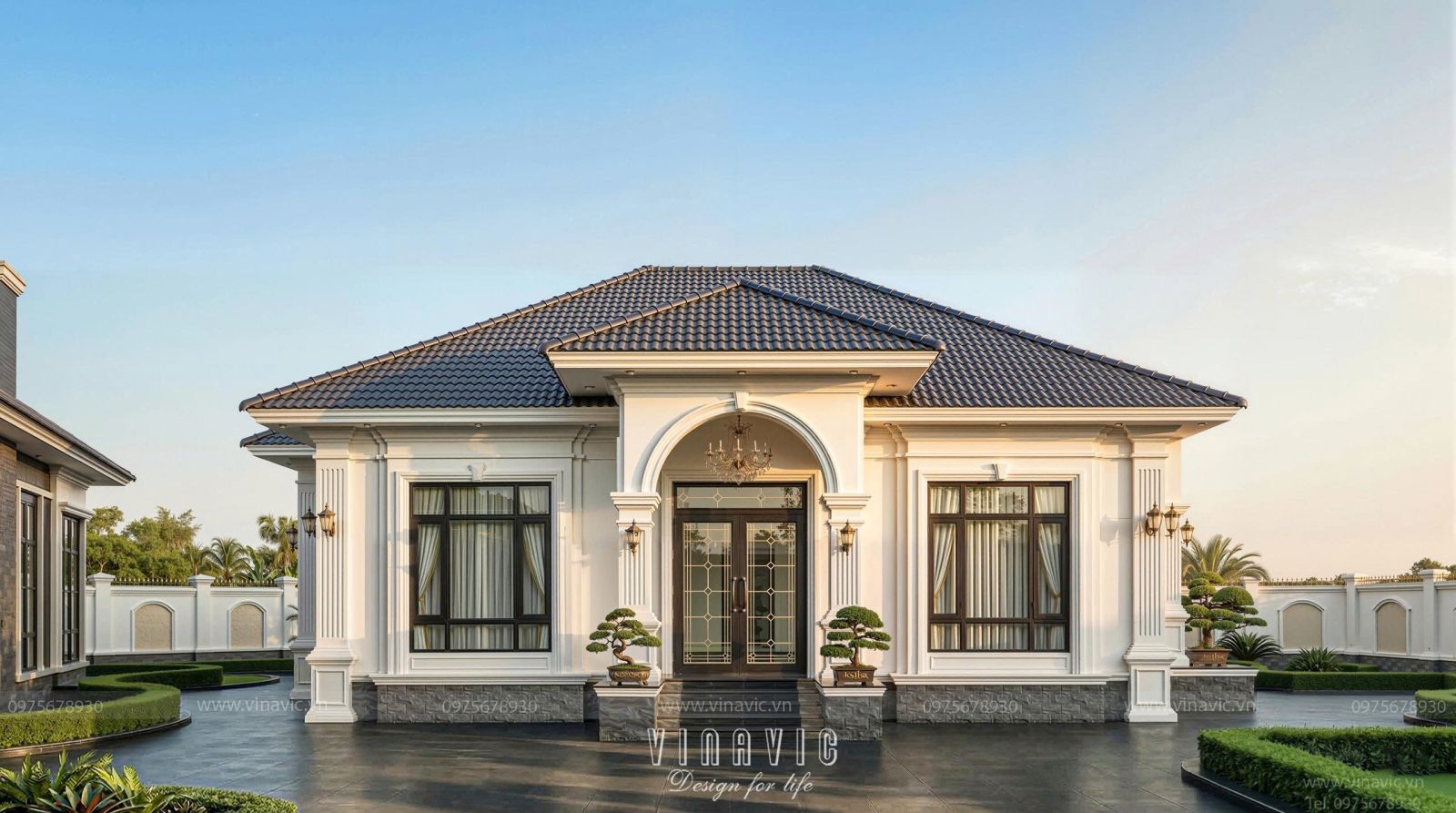 Mẫu thiết kế biệt thự 1 tầng 3 phòng ngủ Tân Cổ Điển 14x9m BT2461