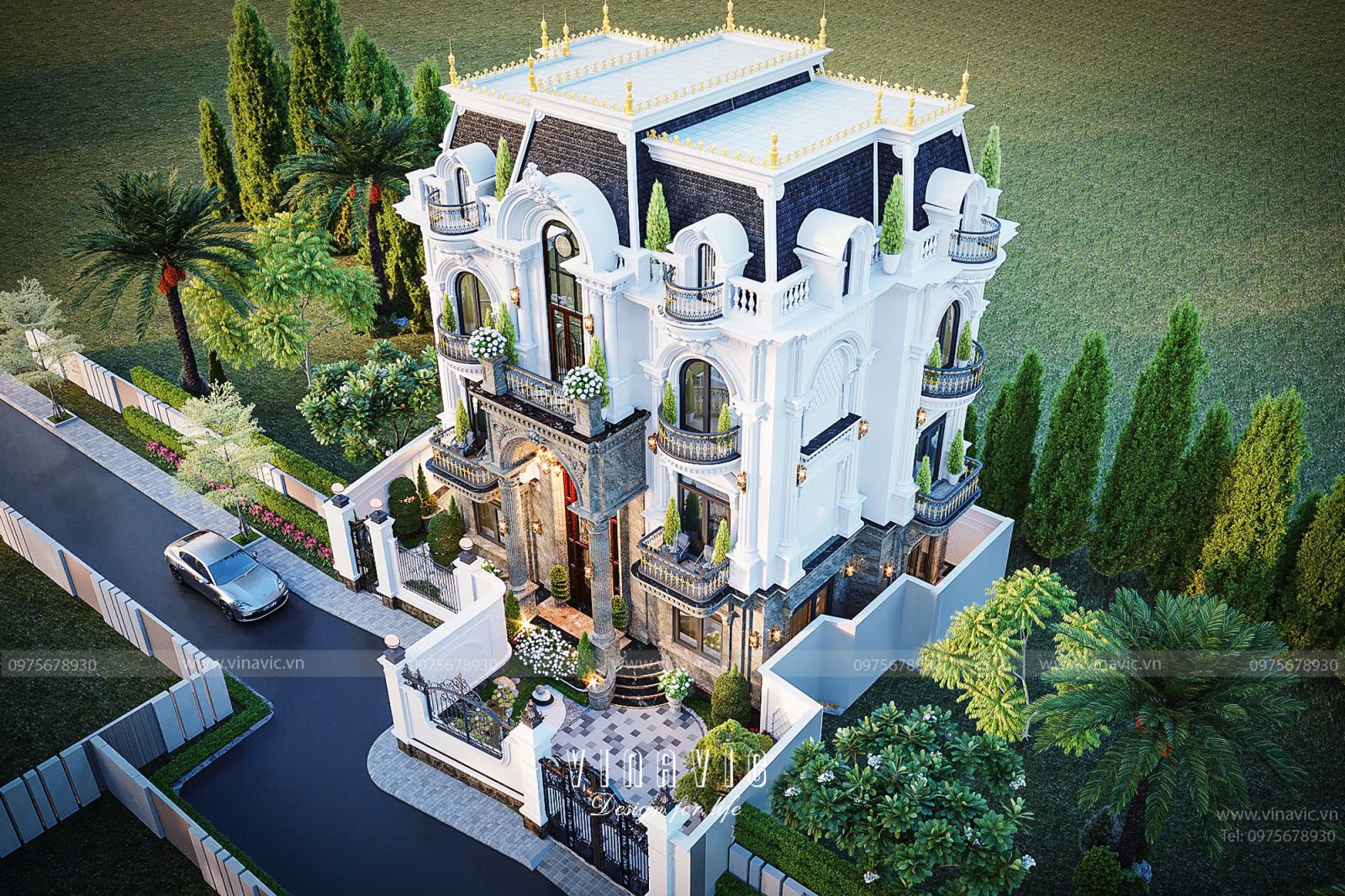 Phối cảnh tổng thể biệt thự Tân Cổ Điển sang trọng và bề thế