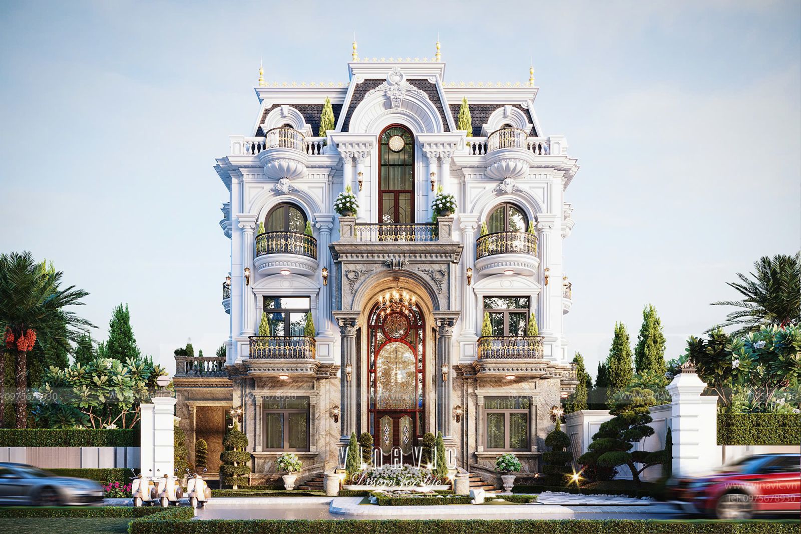 Mặt tiền biệt thự 4 tầng với hệ cột và phào chỉ tinh tế