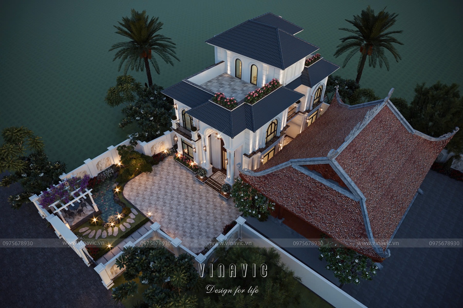 Phối cảnh mặt tiền biệt thự 3 tầng tân cổ điển 10m sâu 14m nằm hài hòa cạnh nhà thờ họ mái ngói đỏ BT2466