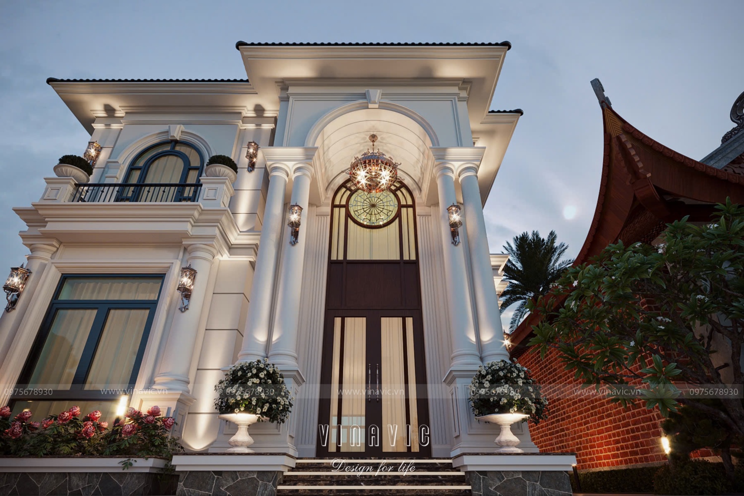 Cận cảnh sảnh chính thông tầng vòm cong của mẫu thiết kế biệt thự 3 tầng tân cổ điển BT2466.