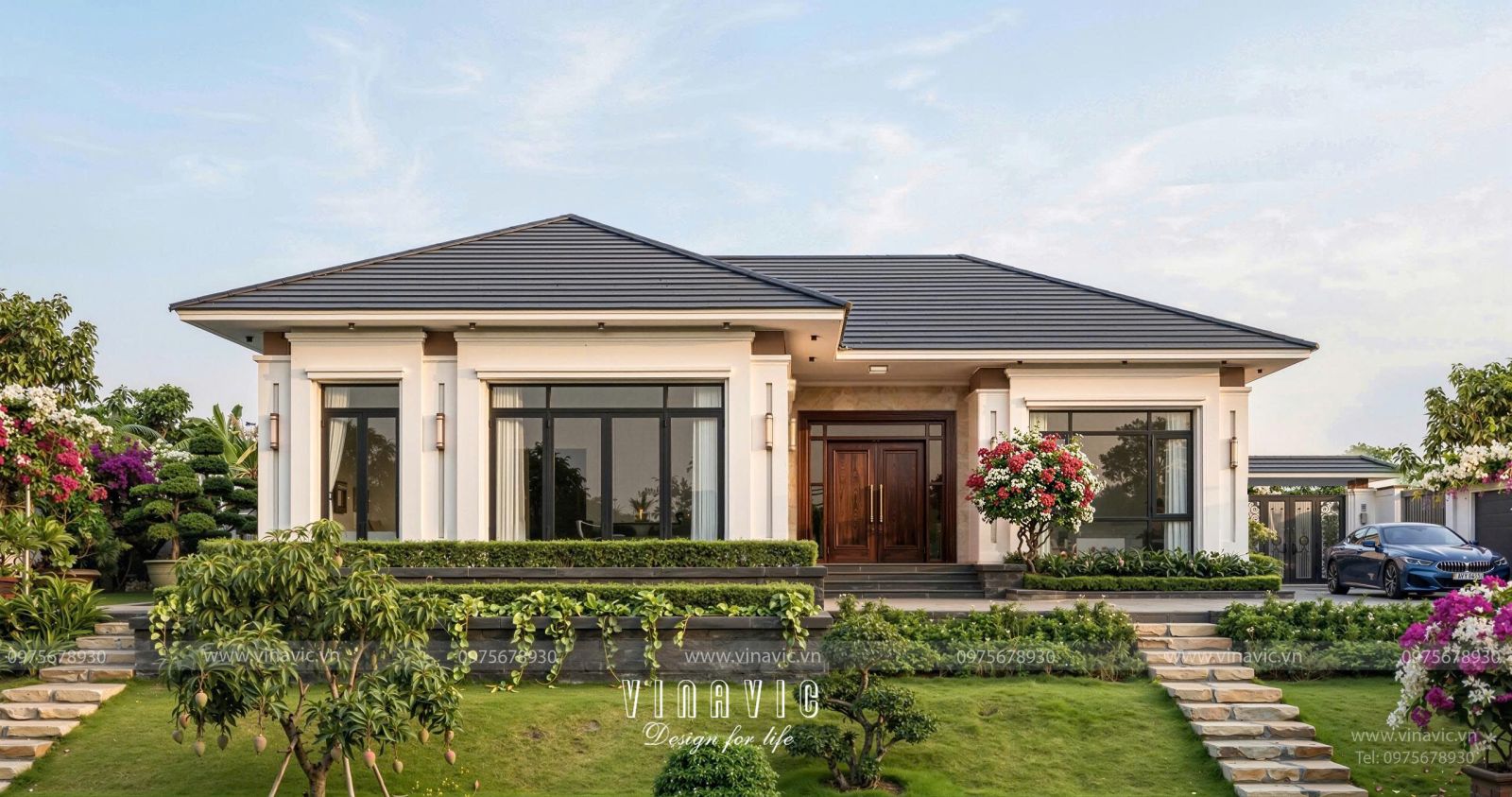 Ý tưởng thiết kế nhà 1 tầng chữ L hiện đại 18x13m NP2365