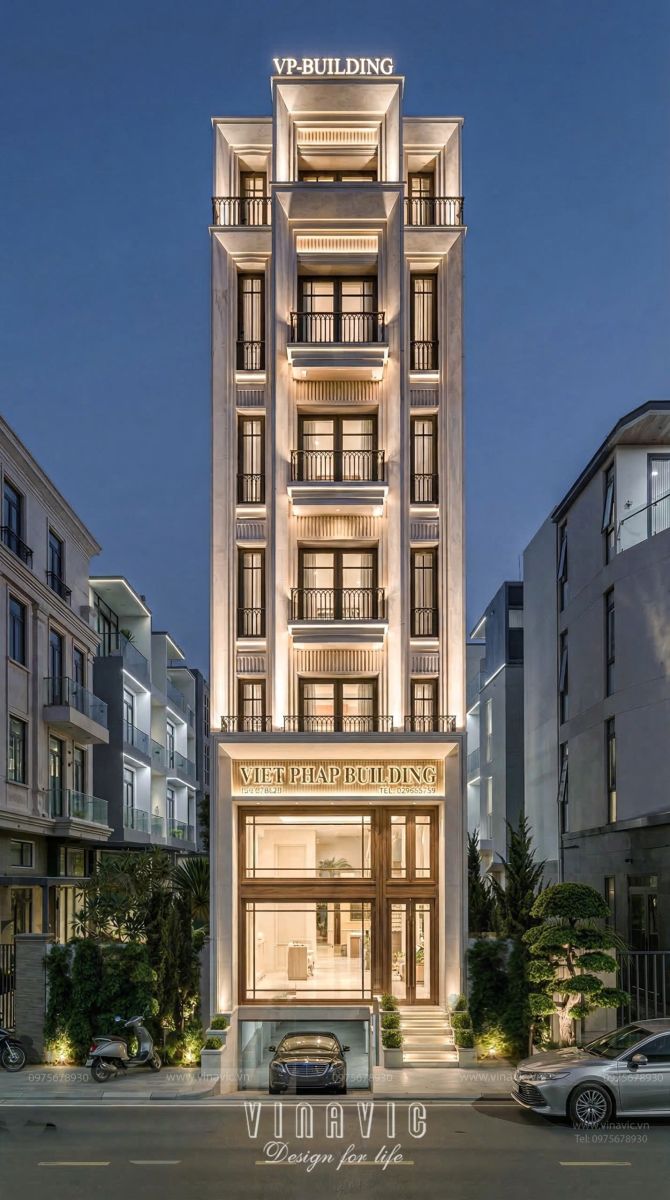 Mẫu thiết kế tòa nhà văn phòng & nhà ở hiện đại 6 tầng 1 tum 6x23m NP2367