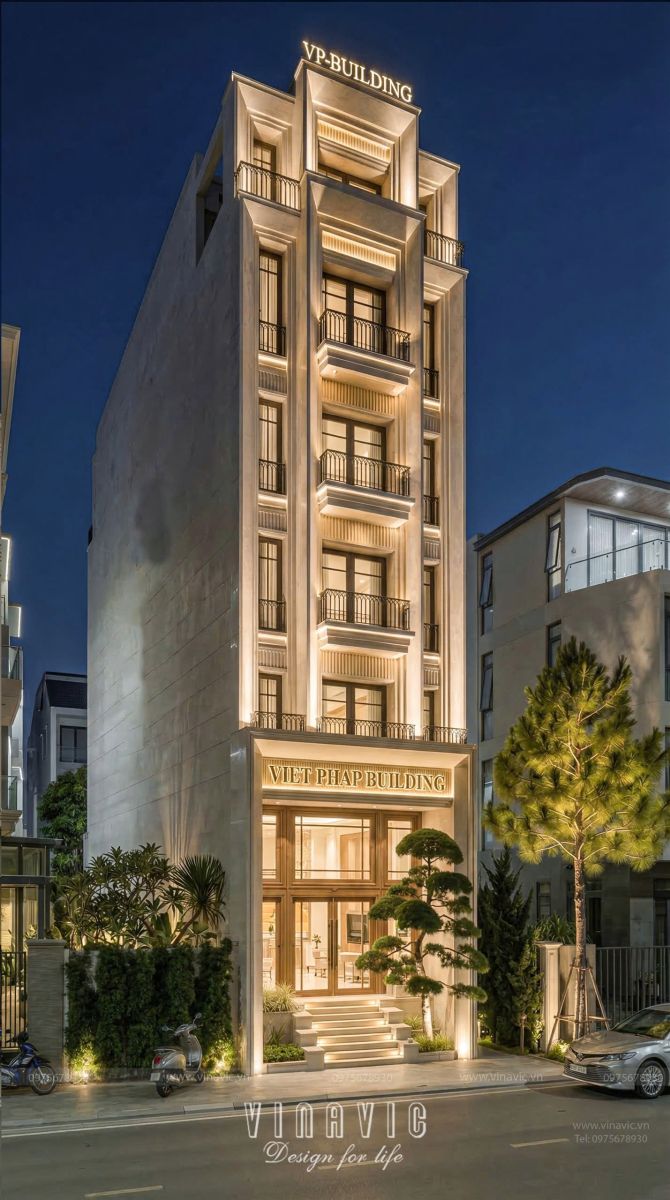 Mẫu thiết kế tòa nhà văn phòng & nhà ở hiện đại 6 tầng 1 tum 6x23m NP2367