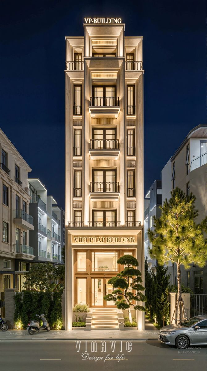 Mẫu thiết kế tòa nhà văn phòng & nhà ở hiện đại 6 tầng 1 tum 6x23m NP2367