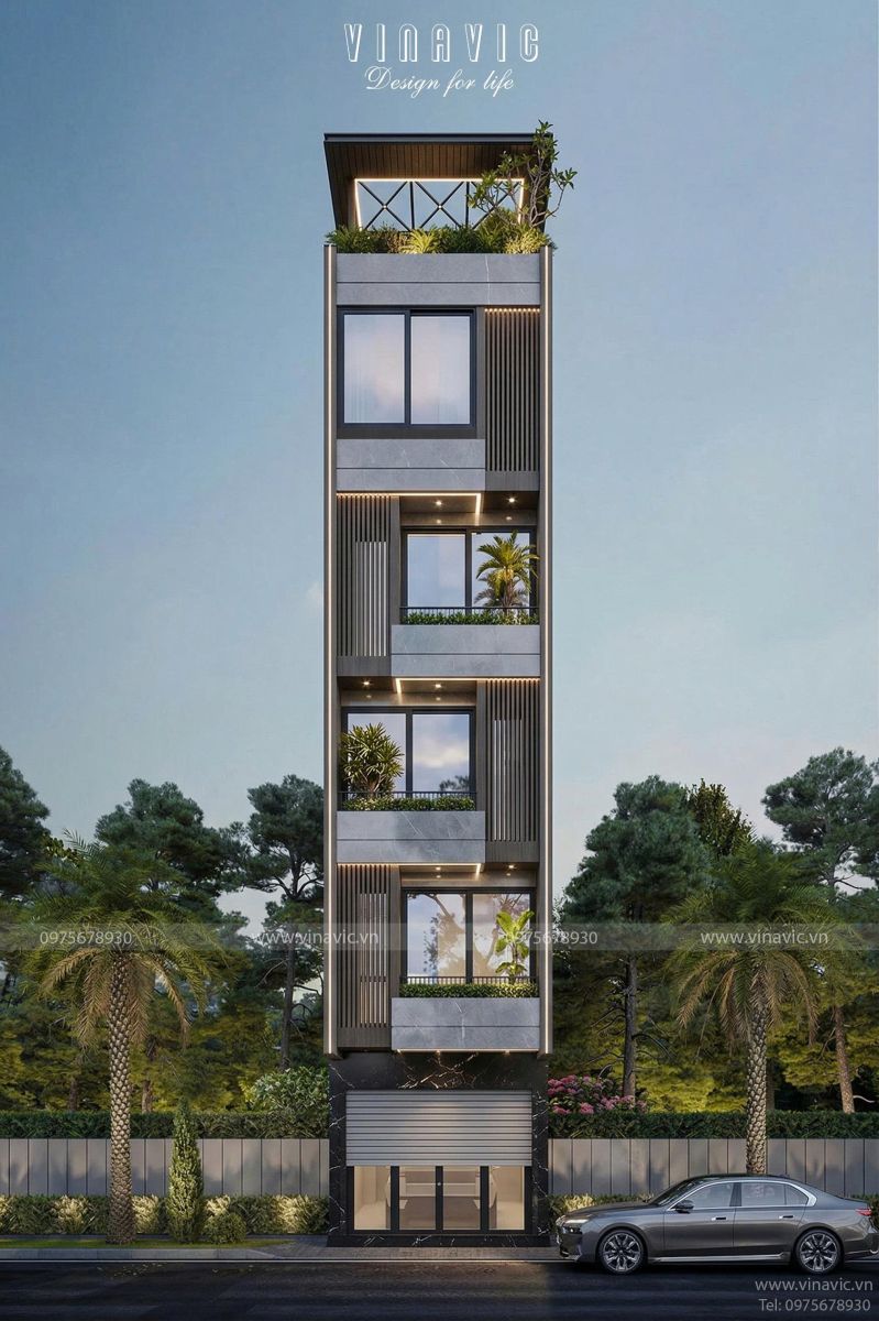 Mặt tiền mẫu thiết kế nhà phố 50m2 5 tầng 1 tum hiện đại 4x12m Vinavic