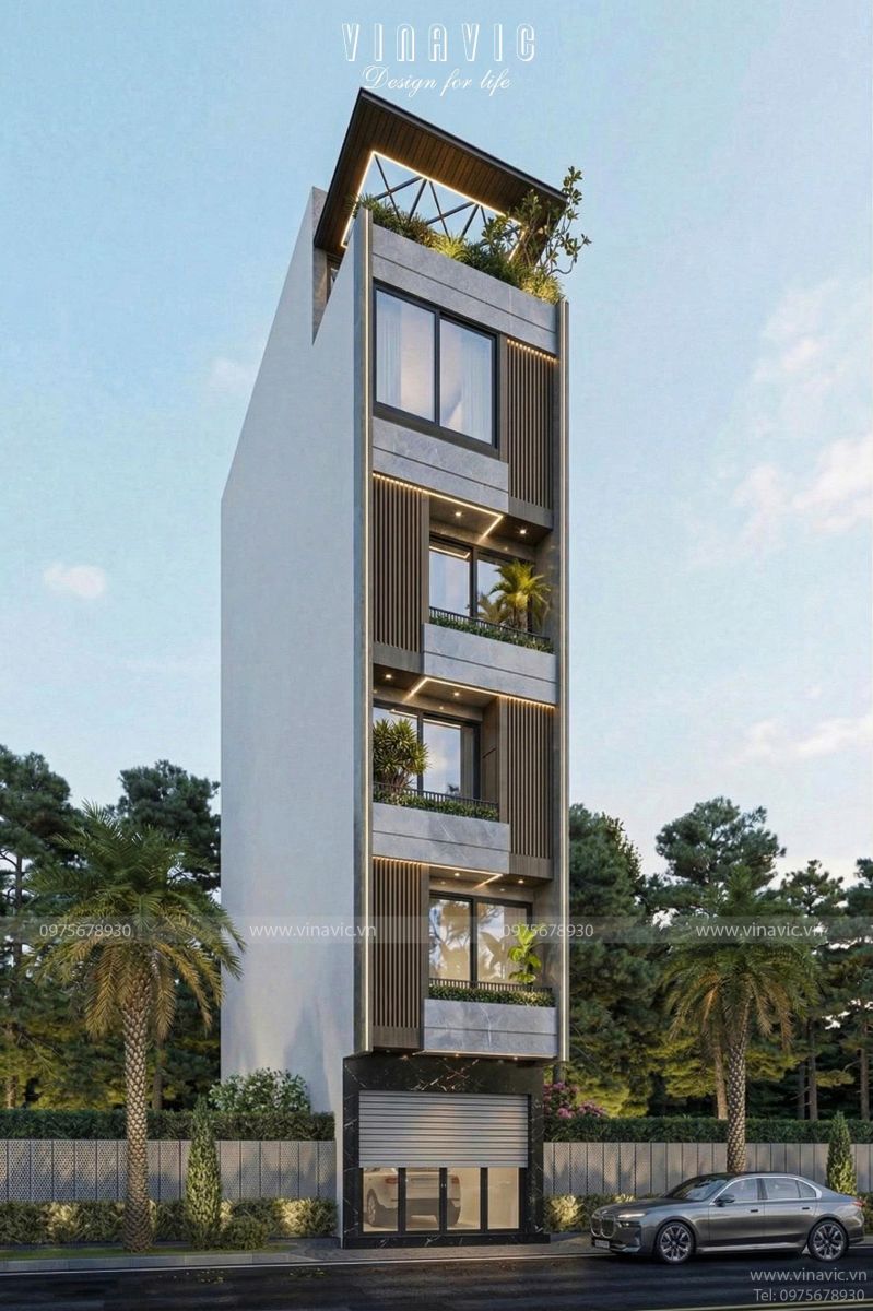 Phối cảnh góc trái thiết kế nhà phố 5 tầng 1 tum 50m2 hiện đại mặt tiền 4m
