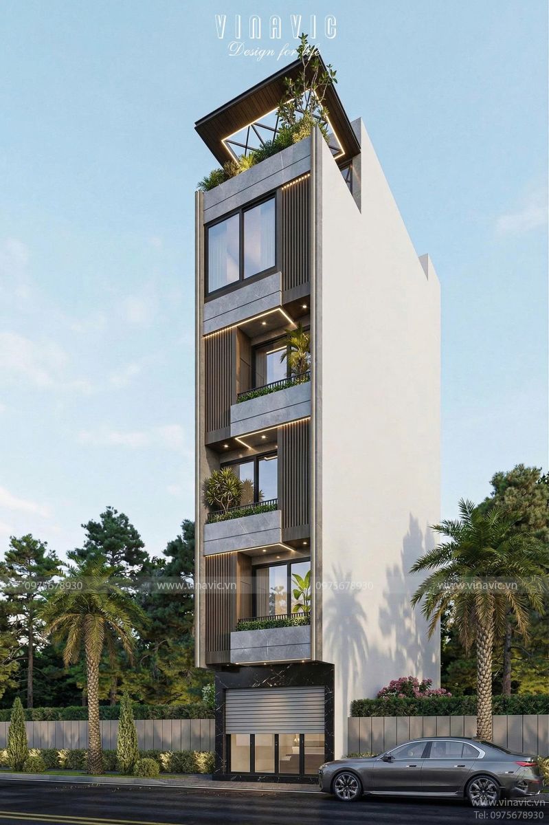 Phối cảnh góc trái thiết kế nhà phố 5 tầng 1 tum 50m2 hiện đại