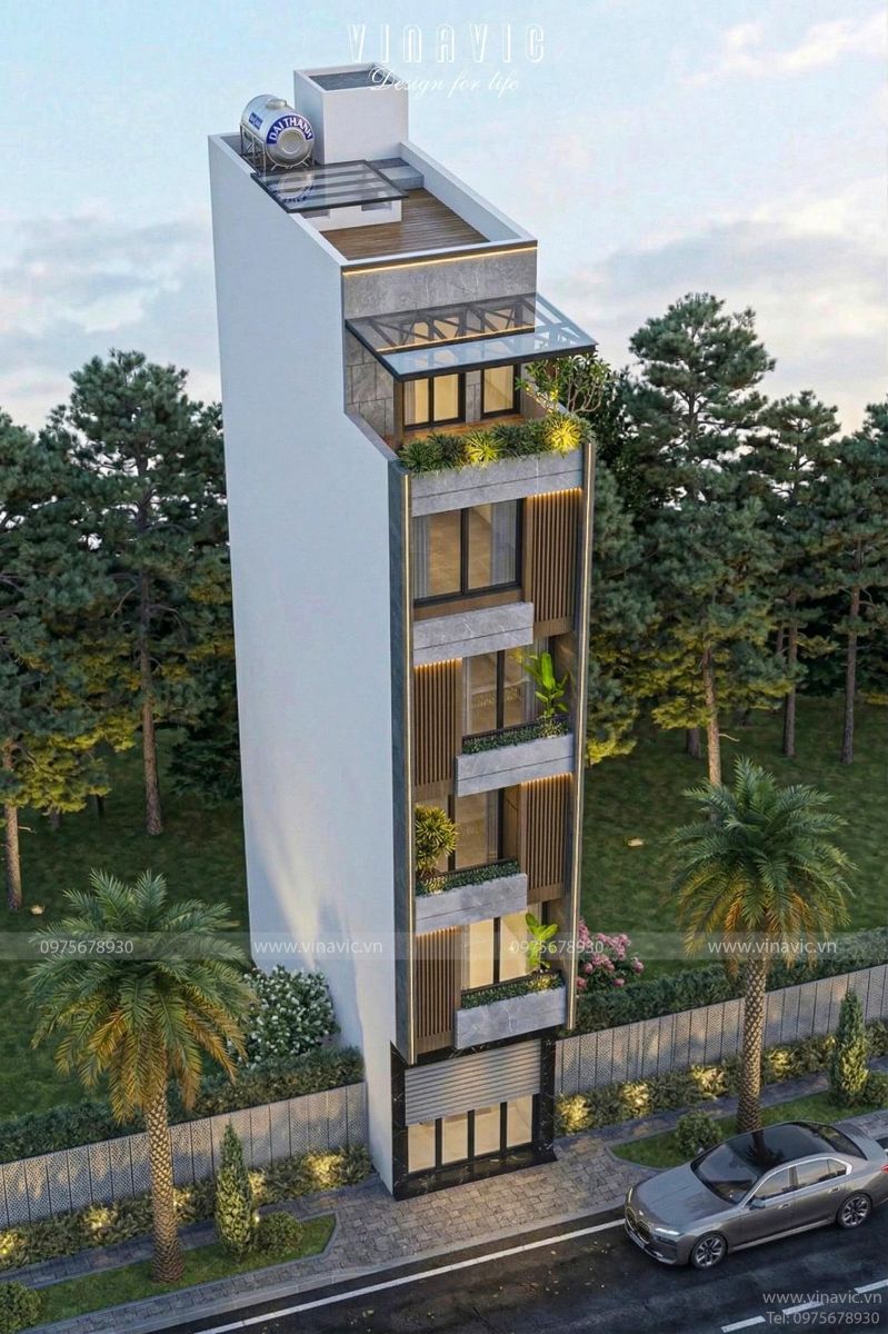 Góc nhìn từ trên cao mẫu thiết kế nhà phố 50m2 5 tầng 1 tum hiện đại 4x12m