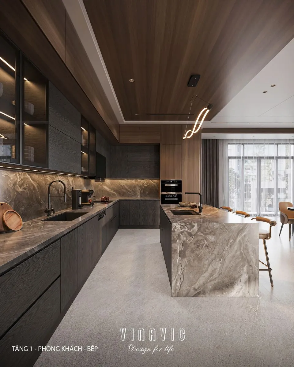 Thiết kế bếp đảo biệt thự Green Bay hiện đại, tiện nghi tối đa