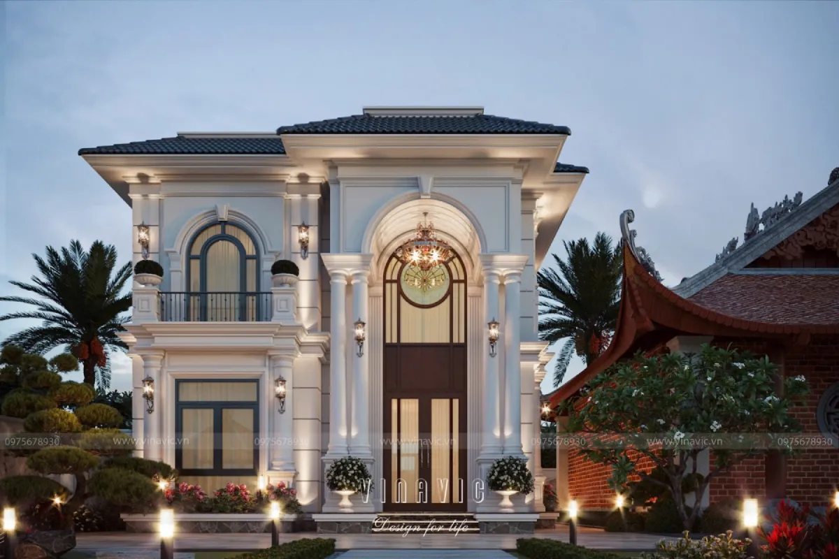 Mặt tiền villa mini 2 tầng kiểu Pháp nhẹ nhàng