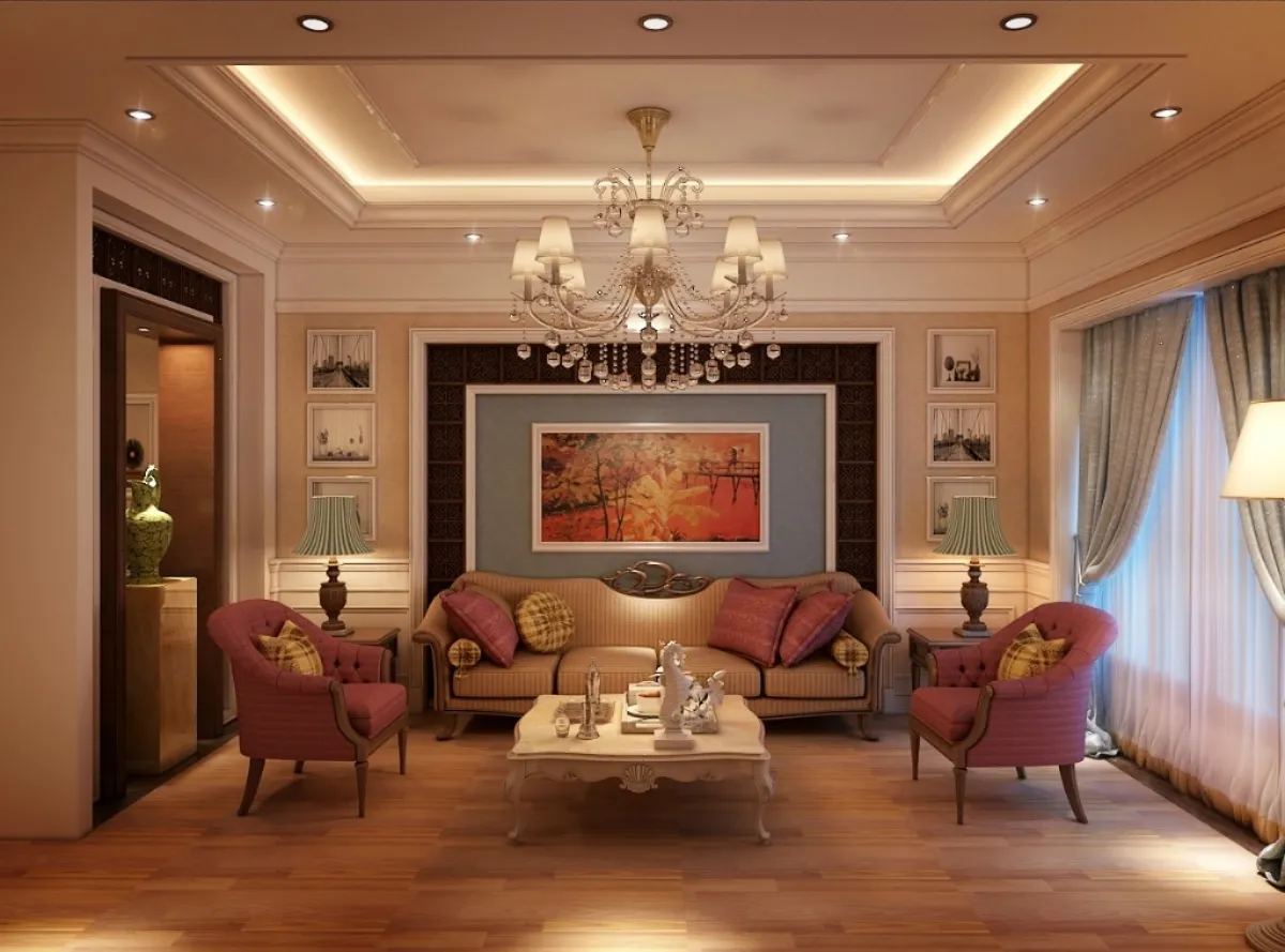 Bàn ghế tân cổ điển bố cục đối xứng đẹp sang trọng phòng khách