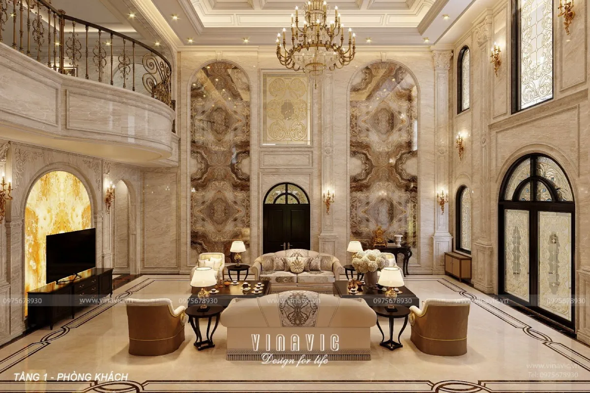 Sofa tân cổ điển dát vàng sang trọng, phòng khách xa hoa đẳng cấp