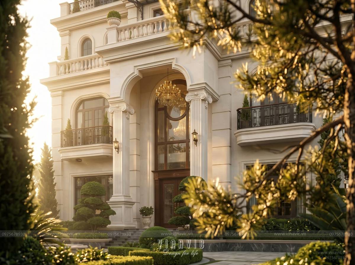 Mặt tiền biệt thự tân cổ điển nổi bật với bố cục đối xứng và tỷ lệ sang trọng