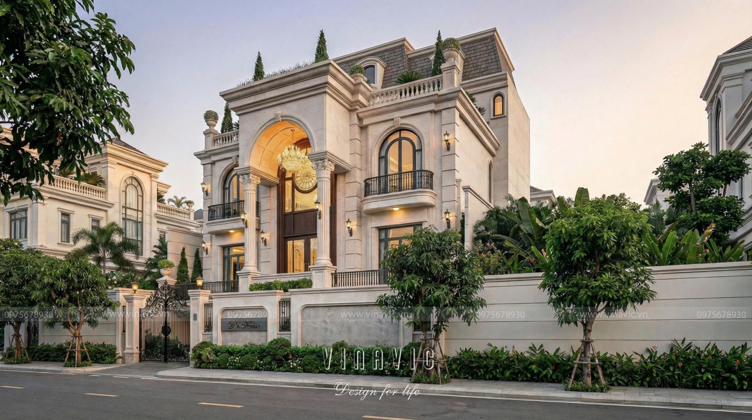 Kiến trúc mặt tiền chính diện đối xứng biệt thự tân cổ điển 4 tầng (D's House)
