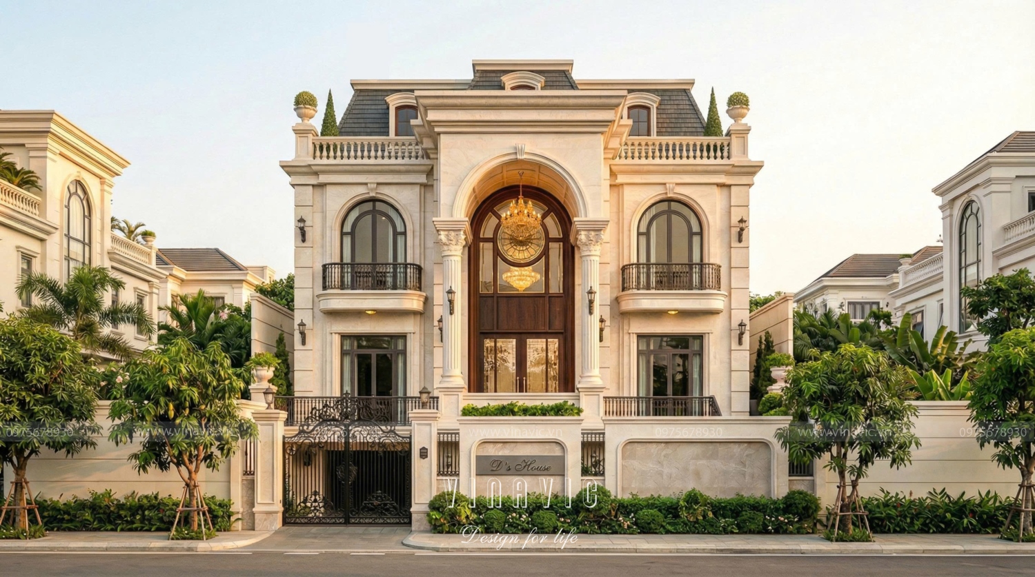 Phối cảnh góc mặt tiền biệt thự tân cổ điển mái Mansard 240m2 (D'S House) Đông Anh.