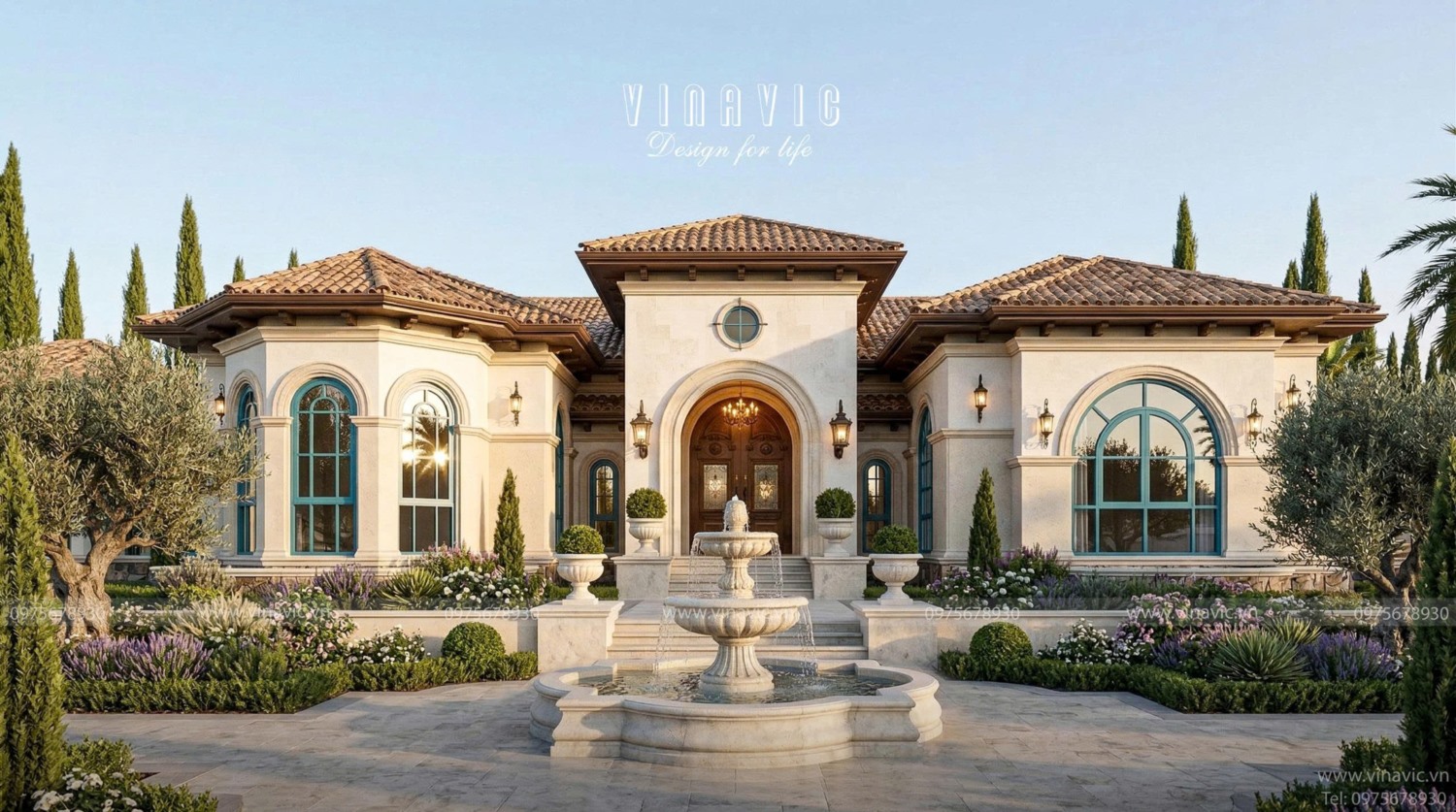 Phối cảnh tổng thể biệt thự vườn 1 tầng đẹp 330m2 kiểu Địa Trung Hải BT2468