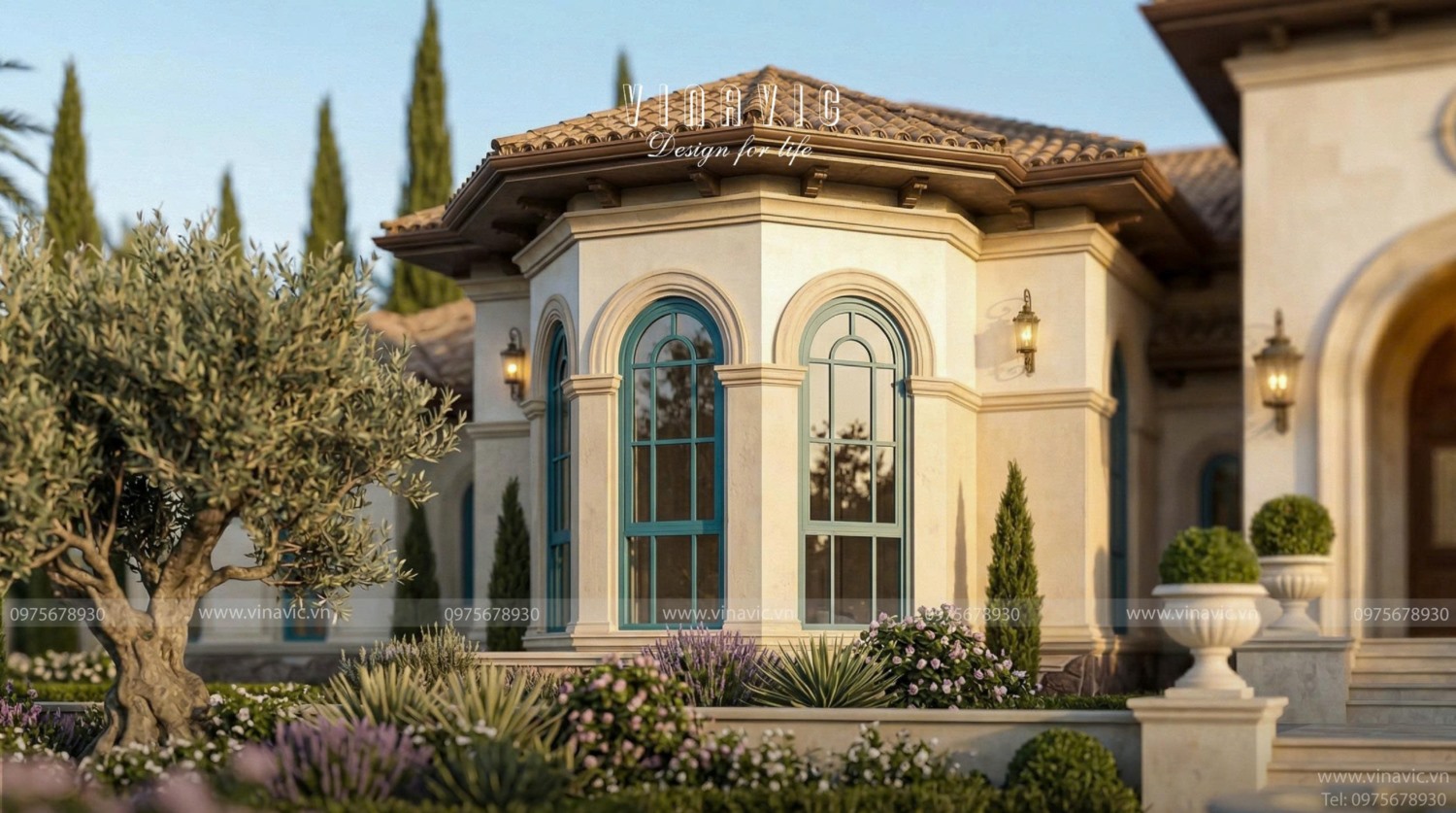 Hệ vòm cửa lớn giúp căn biệt thự 1 tầng này tận dụng tối đa ánh sáng tự nhiên 