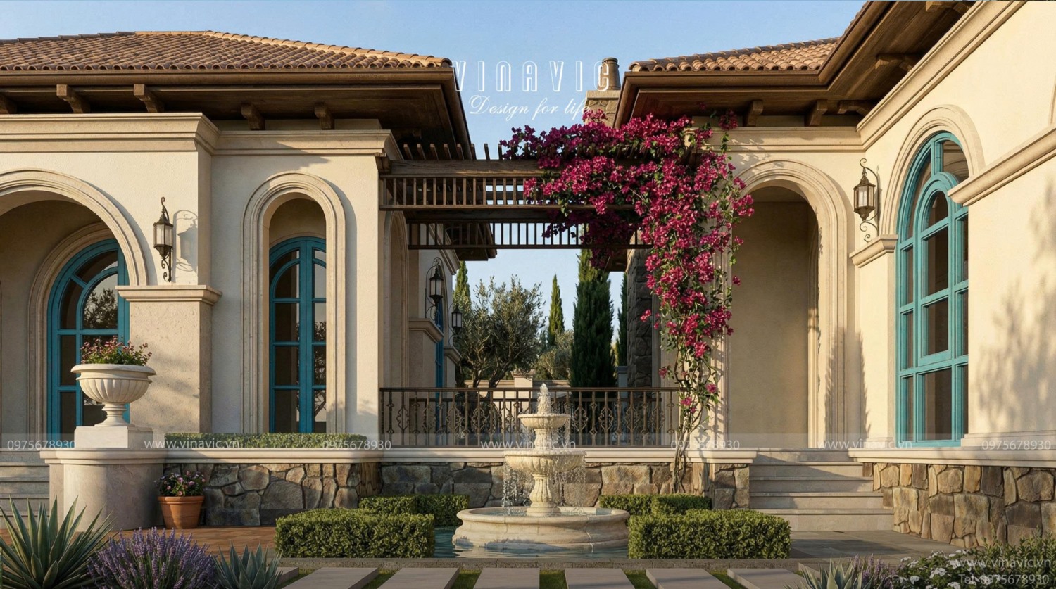 Điểm nhấn cảnh quan sân vườn mang đến sự thư thái, hài hòa với thiên nhiên trong căn biệt thự 1 tầng