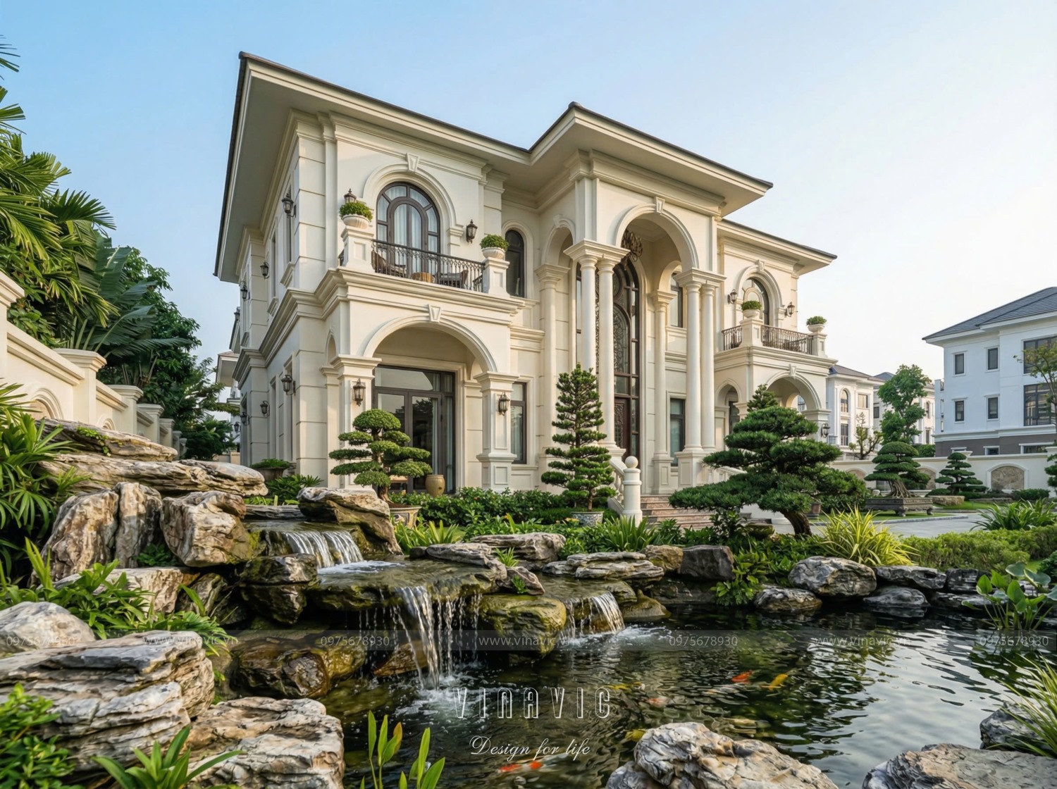 Phối cảnh góc biệt thự tân cổ điển 2 tầng mái Nhật 