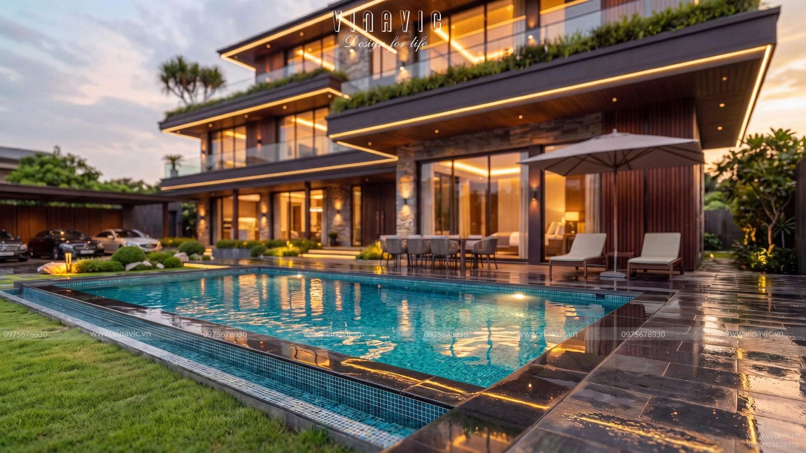 Khu vực hồ bơi rộng tăng tính nghỉ dưỡng cho căn biệt thự cao cấp