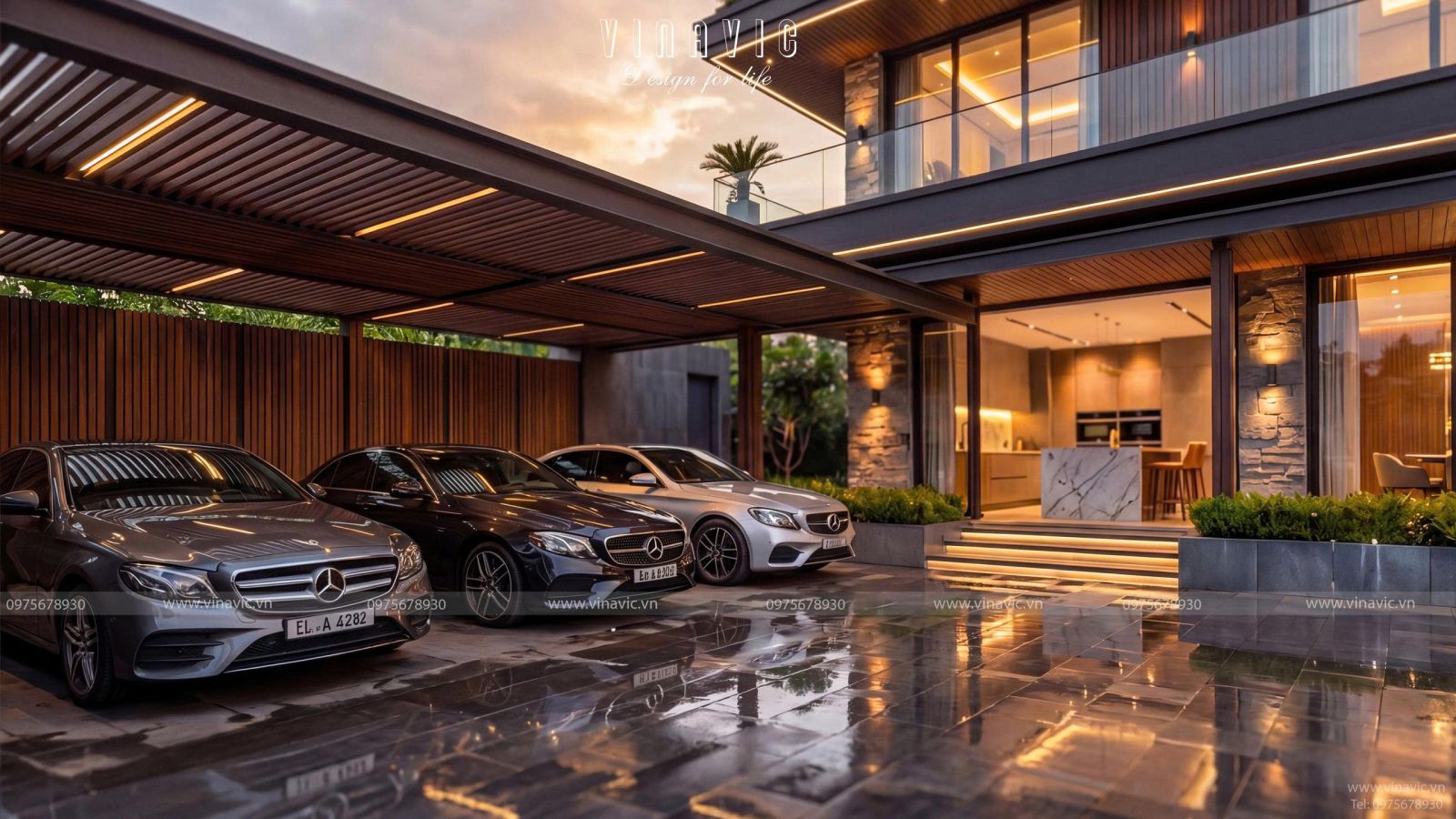 Khu vực Gara được bố trí riêng ở vị trí hợp lý trong căn biệt thự chữ L