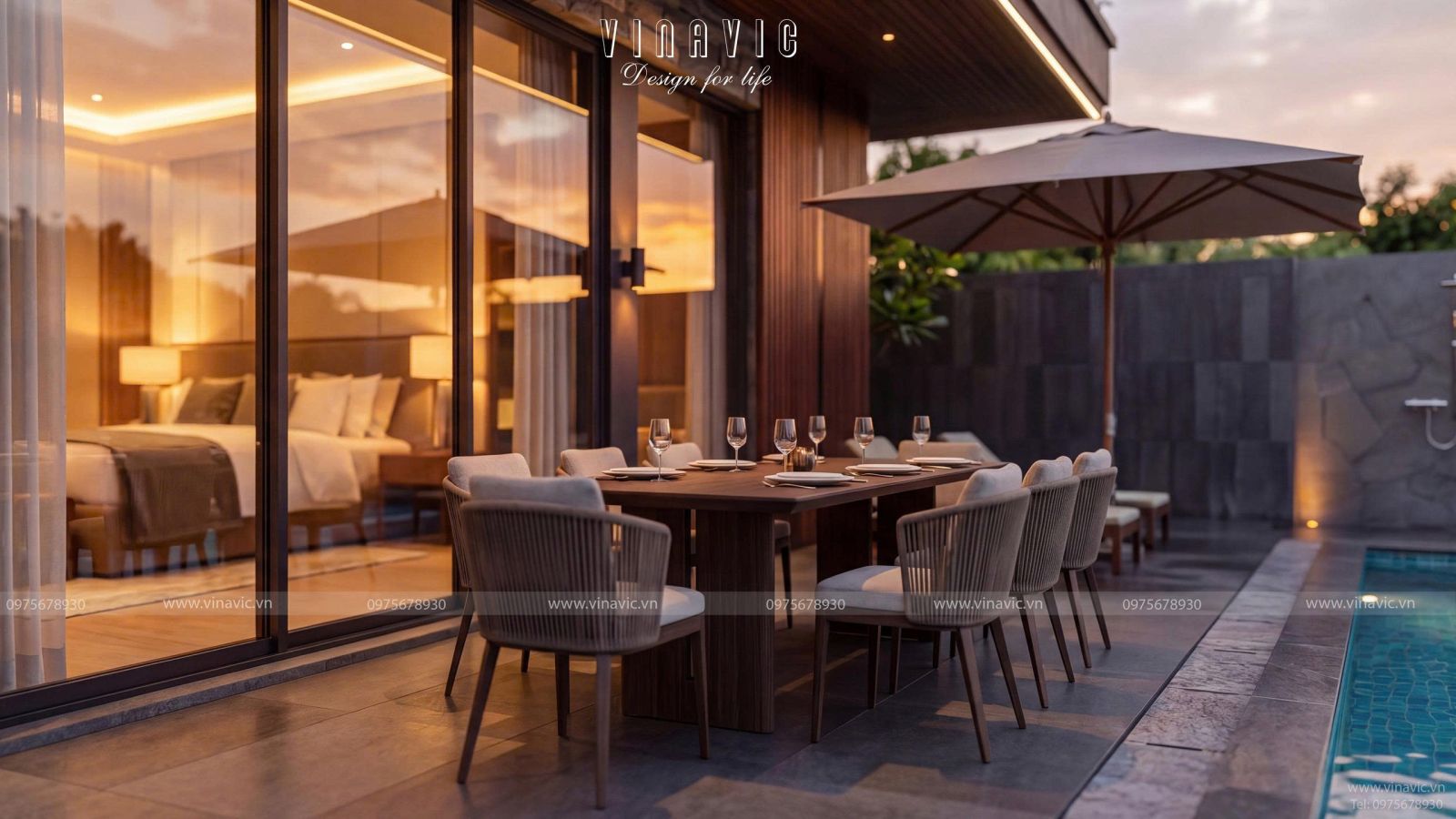 Không gian bàn ăn ngoài trời kết nối hồ bơi, mang đến trải nghiệm sống nghỉ dưỡng tại gia