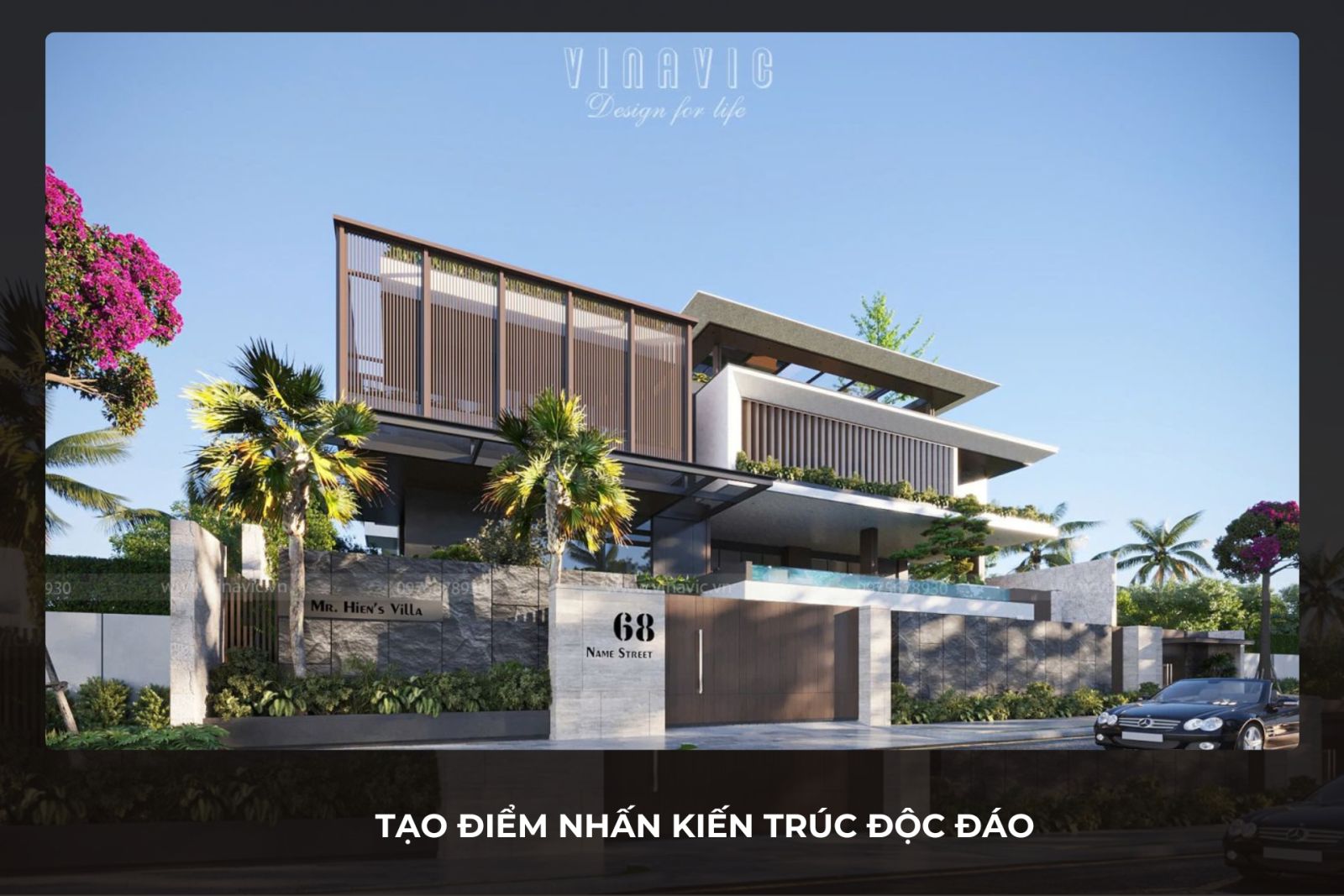 Lam gỗ tạo điểm nhấn độc đáo cho mặt đứng biệt thự hiện đại