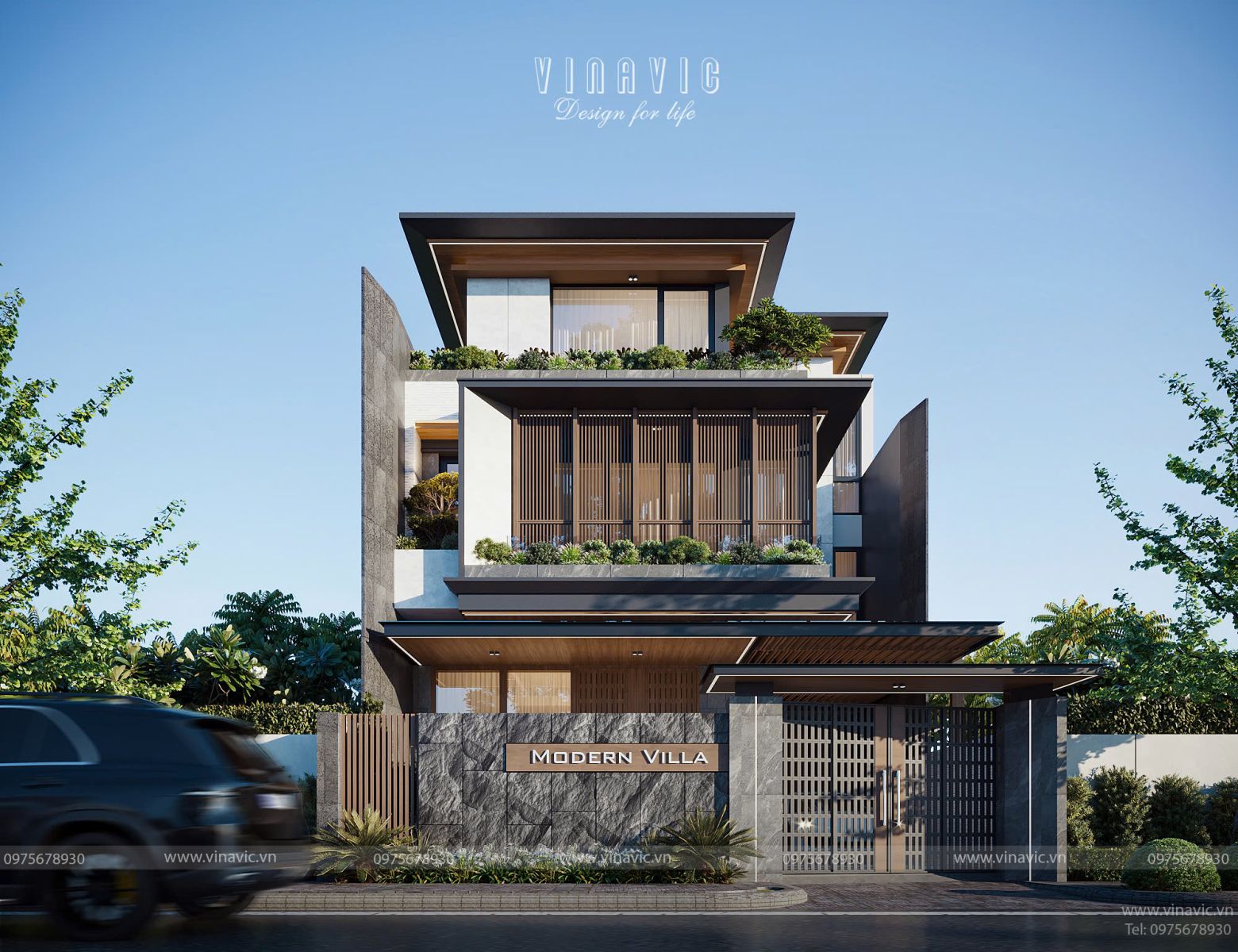 Lam gỗ thanh đứng phù hợp cho biệt thự hiện đại